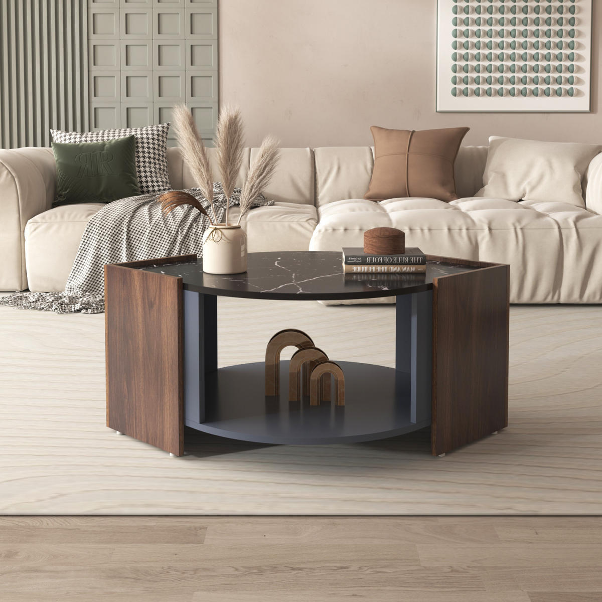 COUCHTISCH Walnuss Marmoroptik mit Schublade und Stauraum - Schwarz, Metall (96/63/40cm)