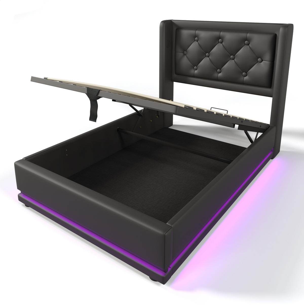 BETT mit Stauraum 90x200 cm PU Schwarz mit LED und USB - Schwarz, Metall (90/200cm) - Meubliv