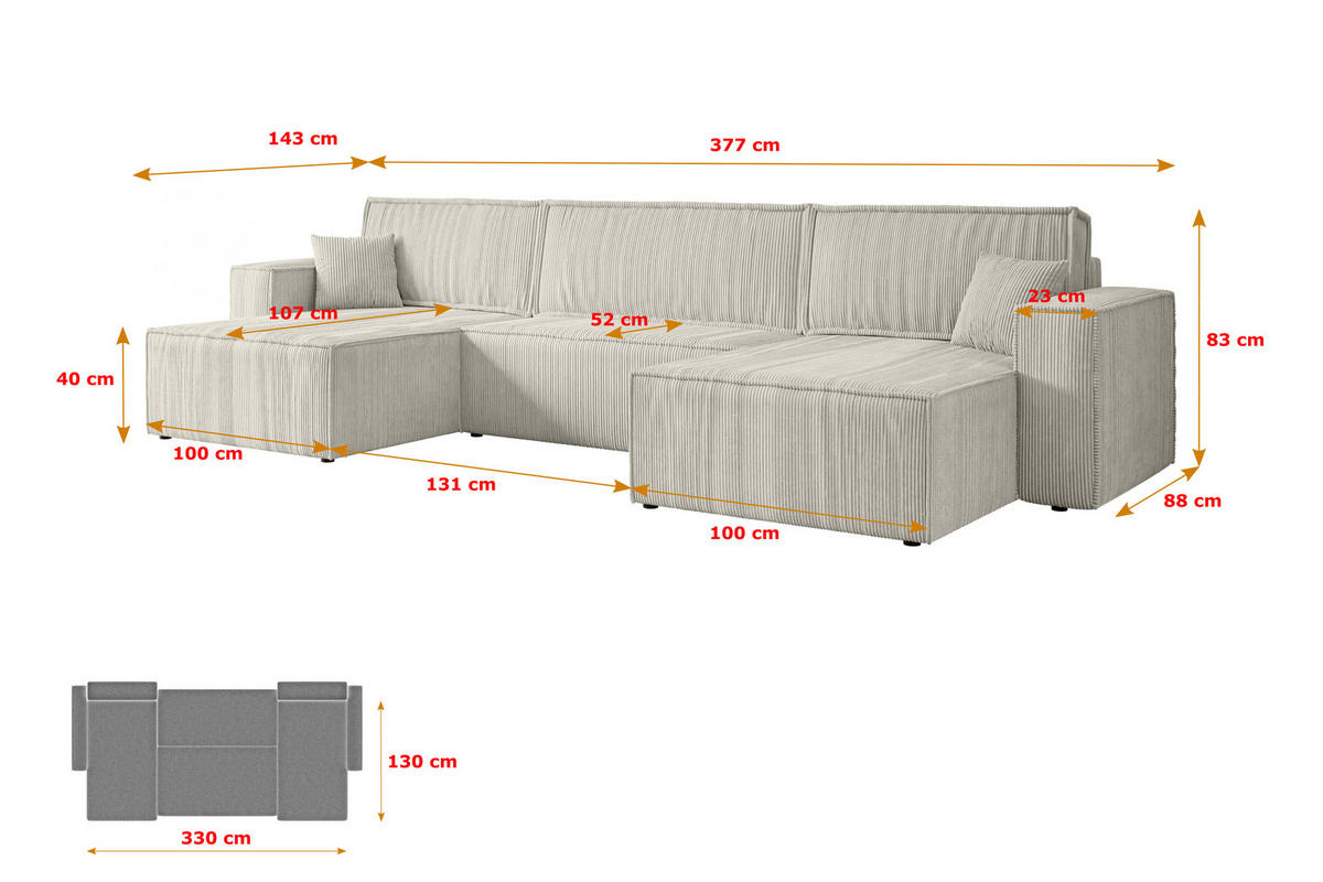 WOHNLANDSCHAFT mit Schlaffunktion und Bettkasten CELTIC-XLU - 377x143x83 cm Creme Cord - Hellgrau/Creme, Holzwerkstoff/Kunststoff (377/83/143cm) - ALTDECOR