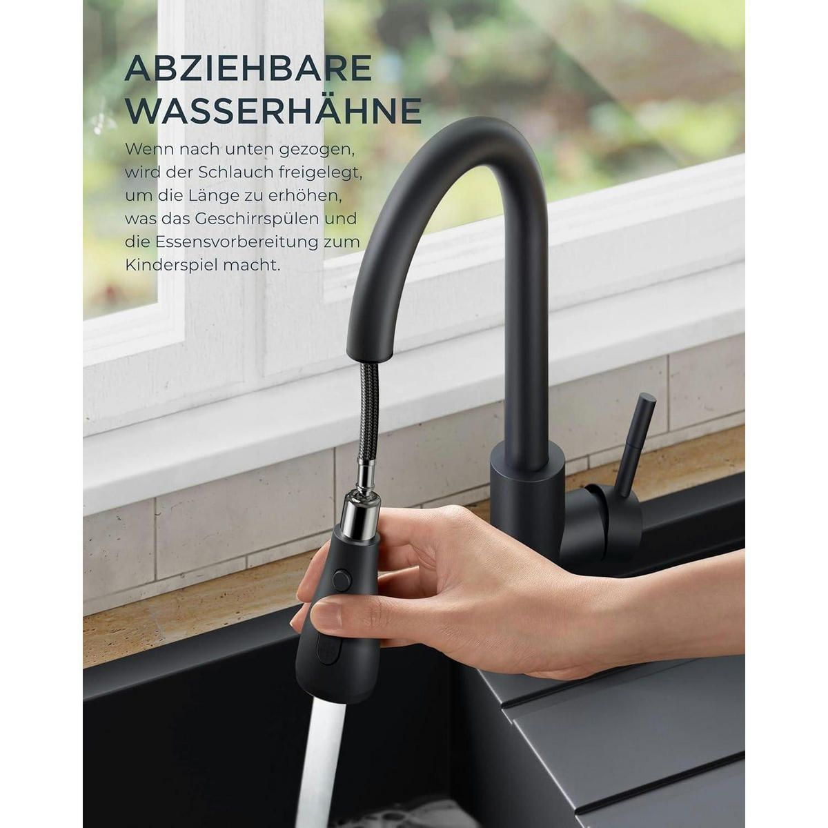 KÜCHENARMATUR mit ausziehbarer Brause Schwarz 360° schwenkbar - Schwarz, Metall (5/42.5/25cm)
