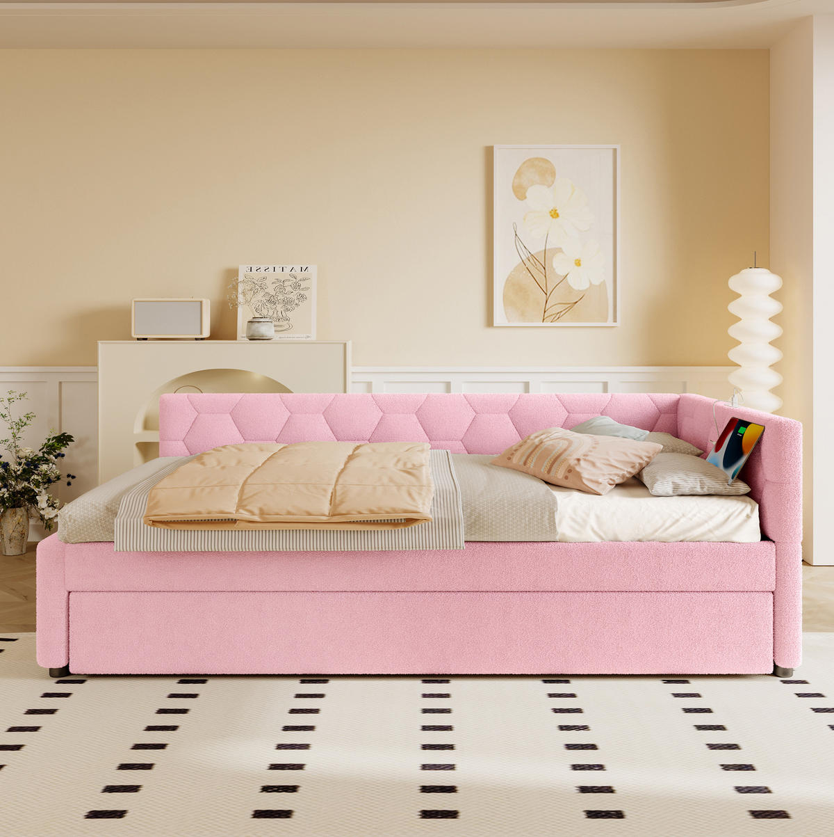 POLSTERBETT 90/200 cm mit Ausziehbett, USB-C und Nachttischlampe in Rosa - Rosa, Textil (90/200cm) - BEAOK