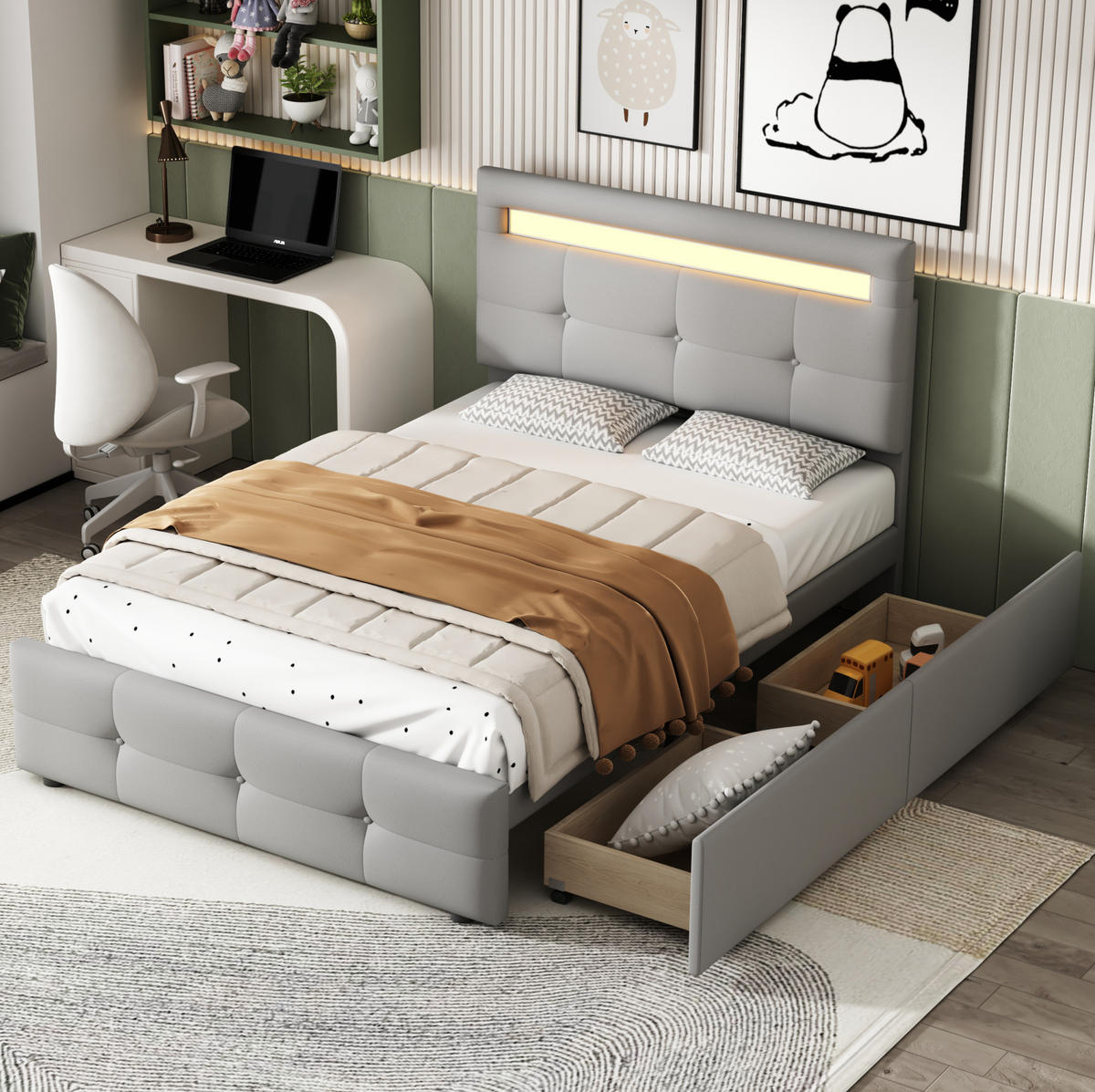 POLSTERBETT 90/200 cm Grau mit LED-Beleuchtung und 2 Schubladen - Grau, Textil (90/200cm) - Flora Grace