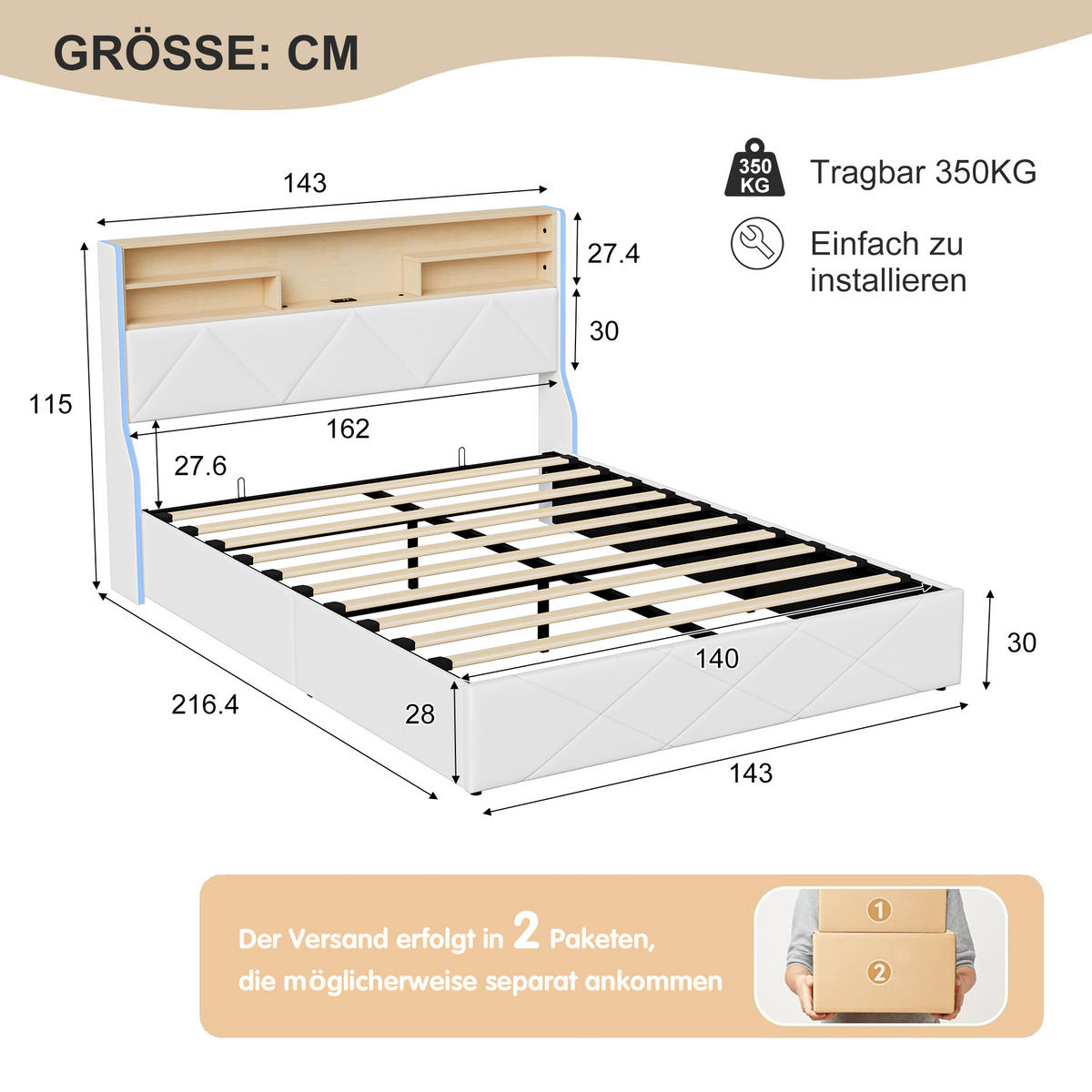 BETT 140x200 cm mit LED und USB, Doppelbett 140x200 cm mit Bettkasten, Polsterbett, schwebendes Design, Weiß PU - Weiß, Leder/Metall (140/200cm) - GENKI LIVING