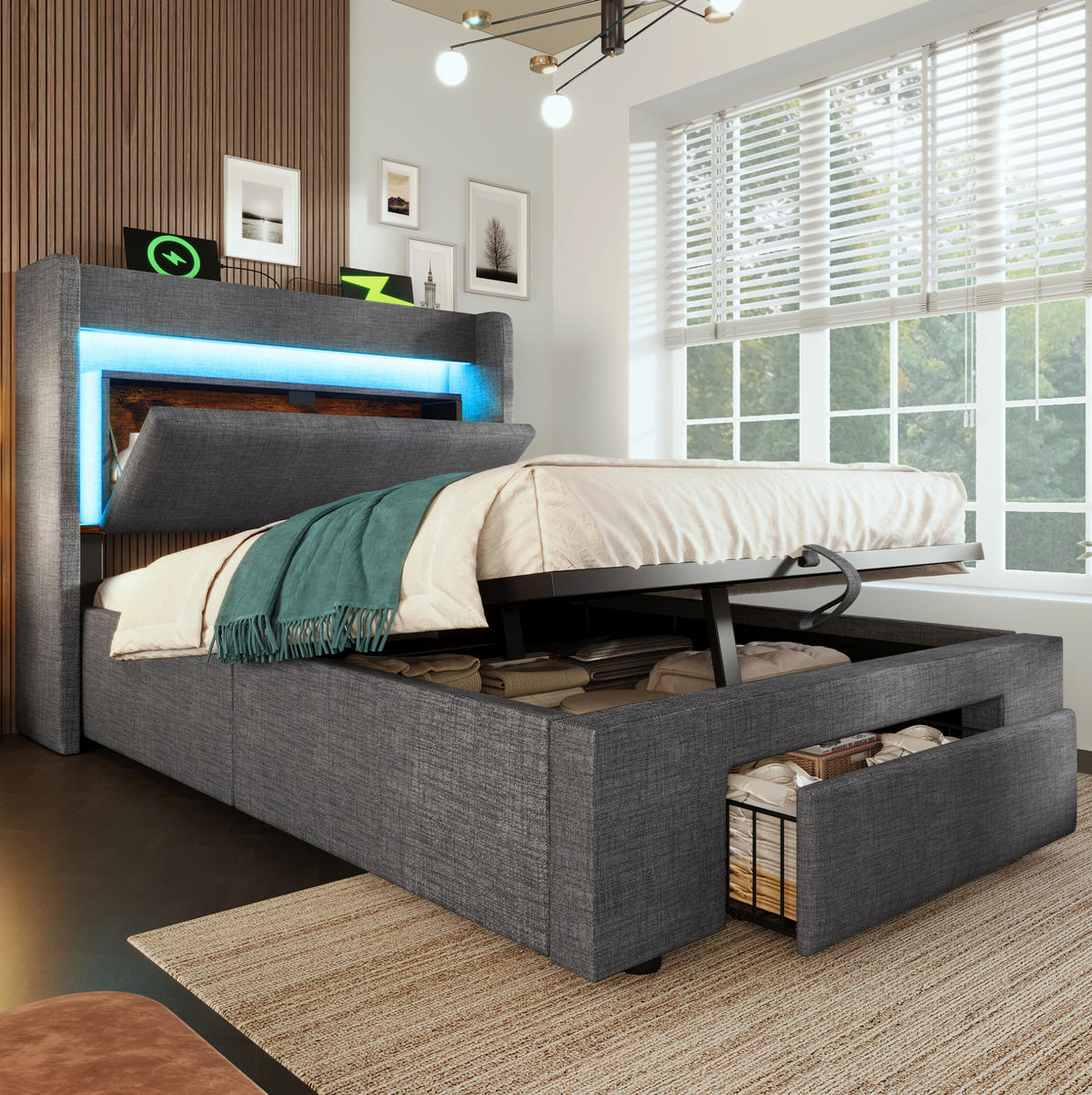 POLSTERBETT aus Leinen 90x200 cm Grau mit Bettkasten, Schublade, LED sowie USB- und USB-C-Anschluss - Grau, Textil (90/200cm) - IVMEU