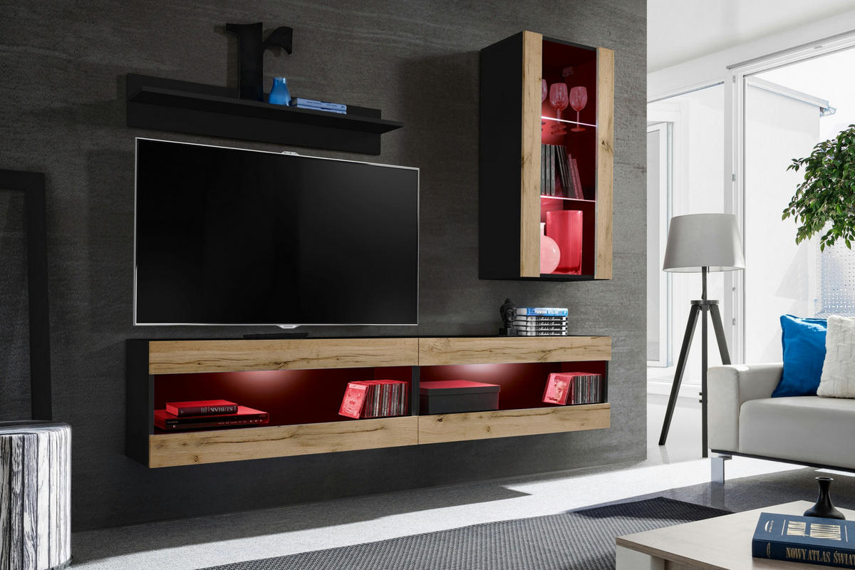 WOHNWAND 4-er Set, TIVOLI SET5 mit mehrfarbige LED RGB Beleuchtung LED-Beleuchtung mehrfarbig Schwarz + Wotan, Offener Raum - Eiche Wotan/Schwarz, Glas/Holzwerkstoff (240/195/35cm) - Komodee