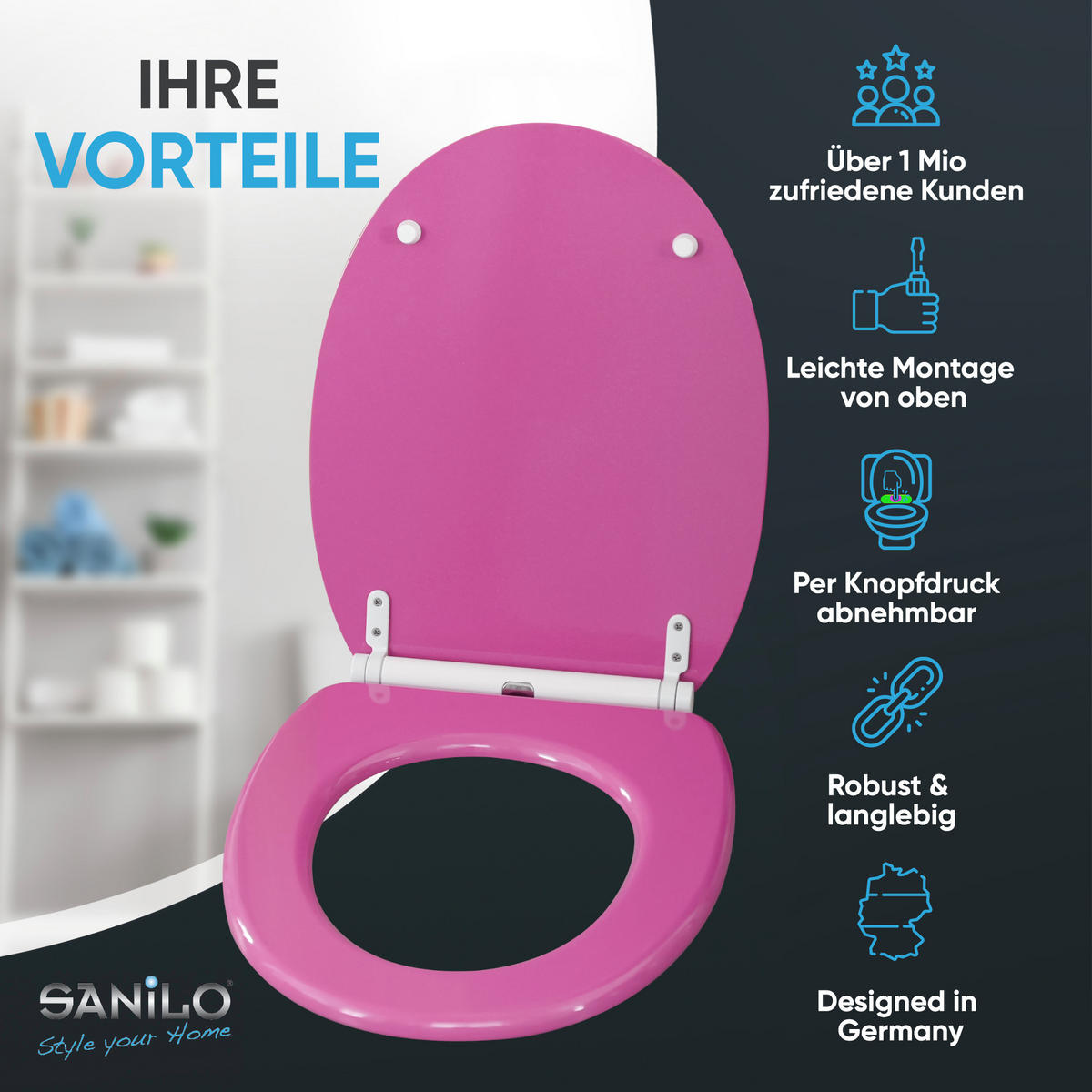 WC-SITZ mit Absenkautomatik & Top Fix Glitzer Pink - Pink, Holzwerkstoff (37.7/5.5/48cm) - Sanilo