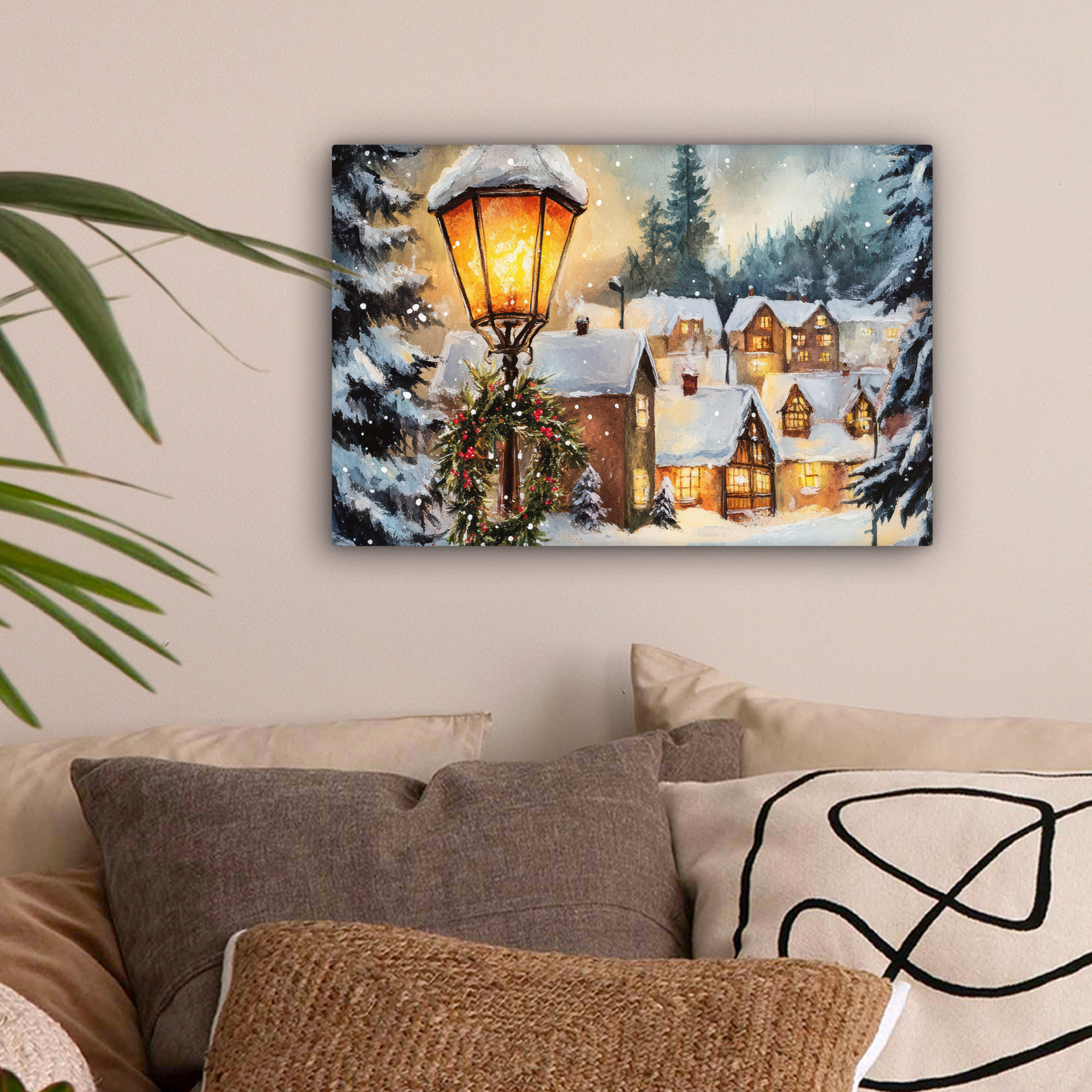 LEINWANDBILD Weihnachtsdorf - Häuser - Schnee - Weihnachten 30x20 cm - Sandfarben, Textil (30/20cm) - MuchoWow