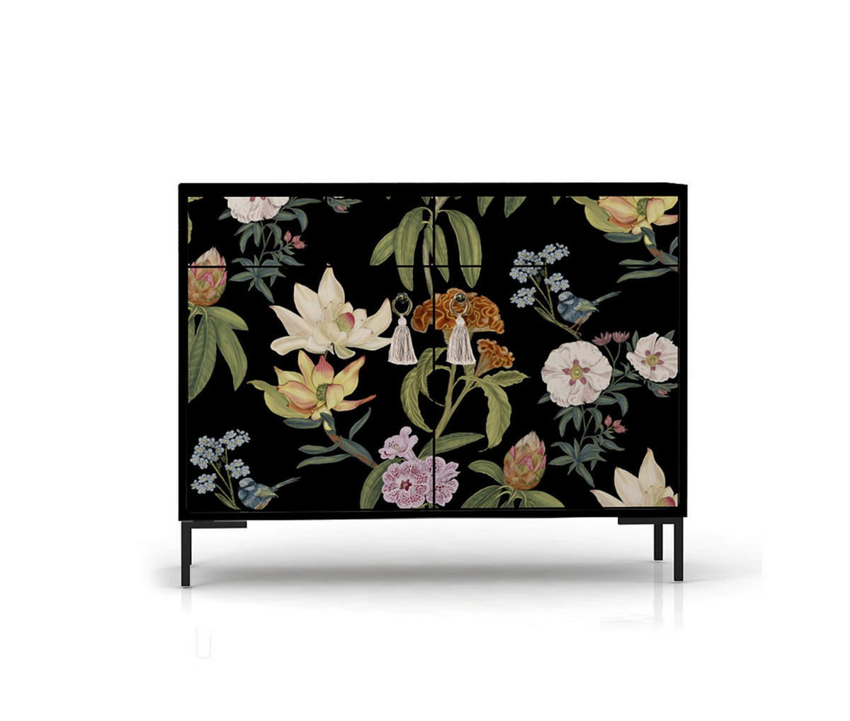 SIDEBOARD MDF 2 Türen und 2 Schubladen mit Blumendruckmuster ALISE JARA - Multicolor/Schwarz, Holzwerkstoff (45/84/90cm) - RNT By Really Nice Things