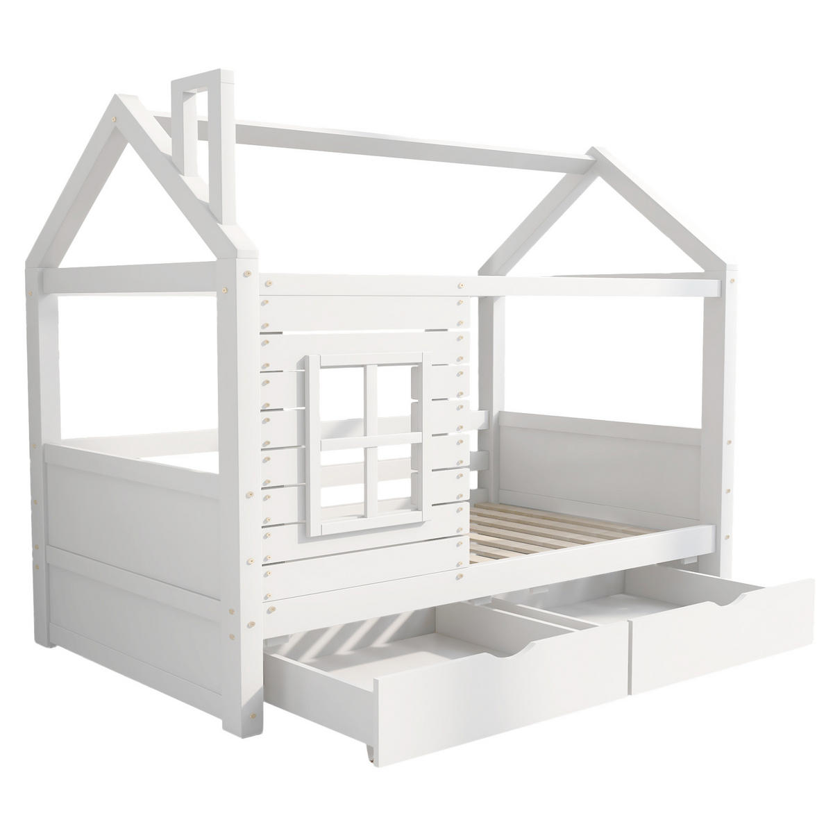 KINDERBETT 90/200 cm weiß aus Kiefer mit Fenster und Schubladen - Weiß, Holzwerkstoff (90/200cm) - OKWISH