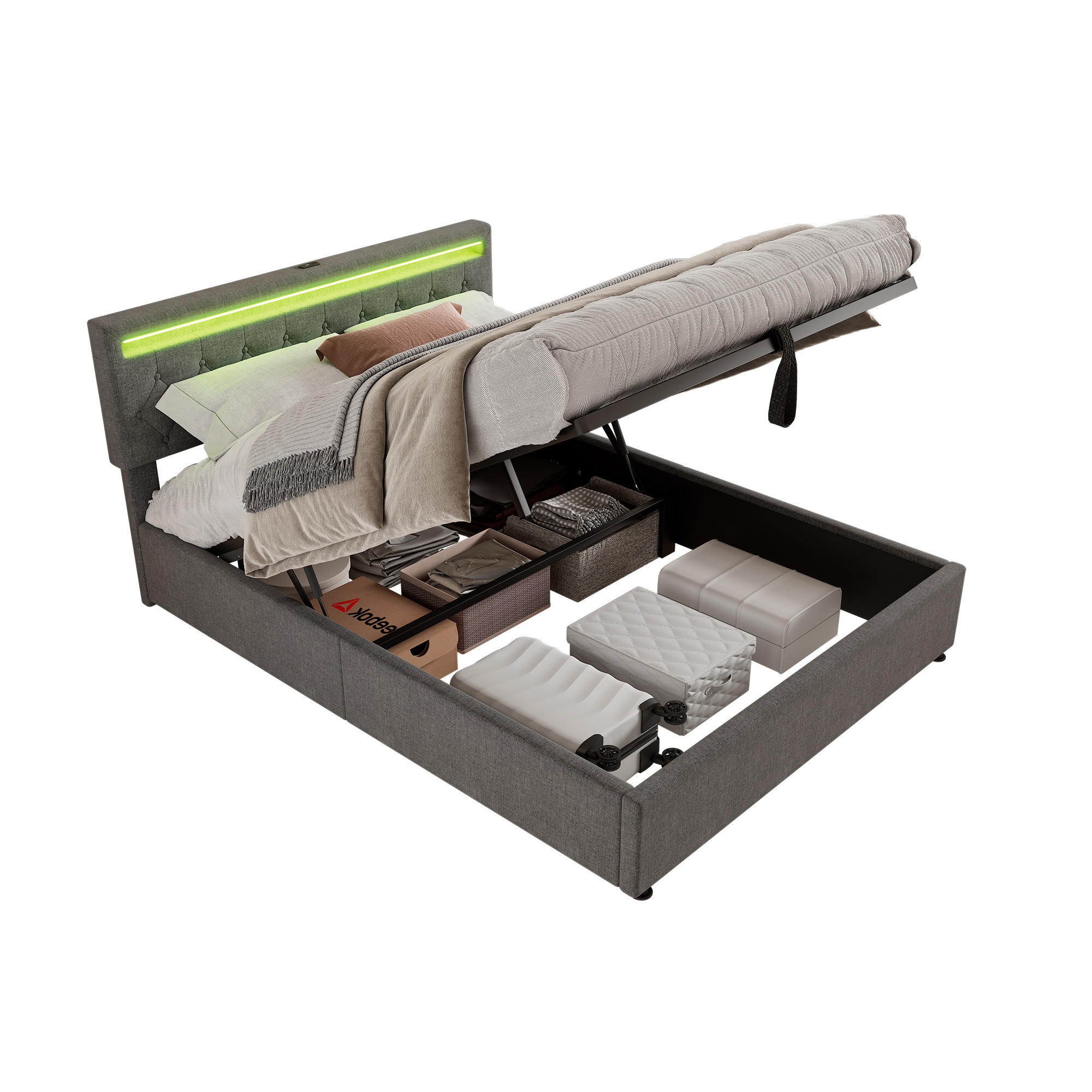 POLSTERBETT 160/200 cm Grau mit LED-Umgebungslicht und USB-Anschluss - Grau, Textil (160/200cm) - OKWISH