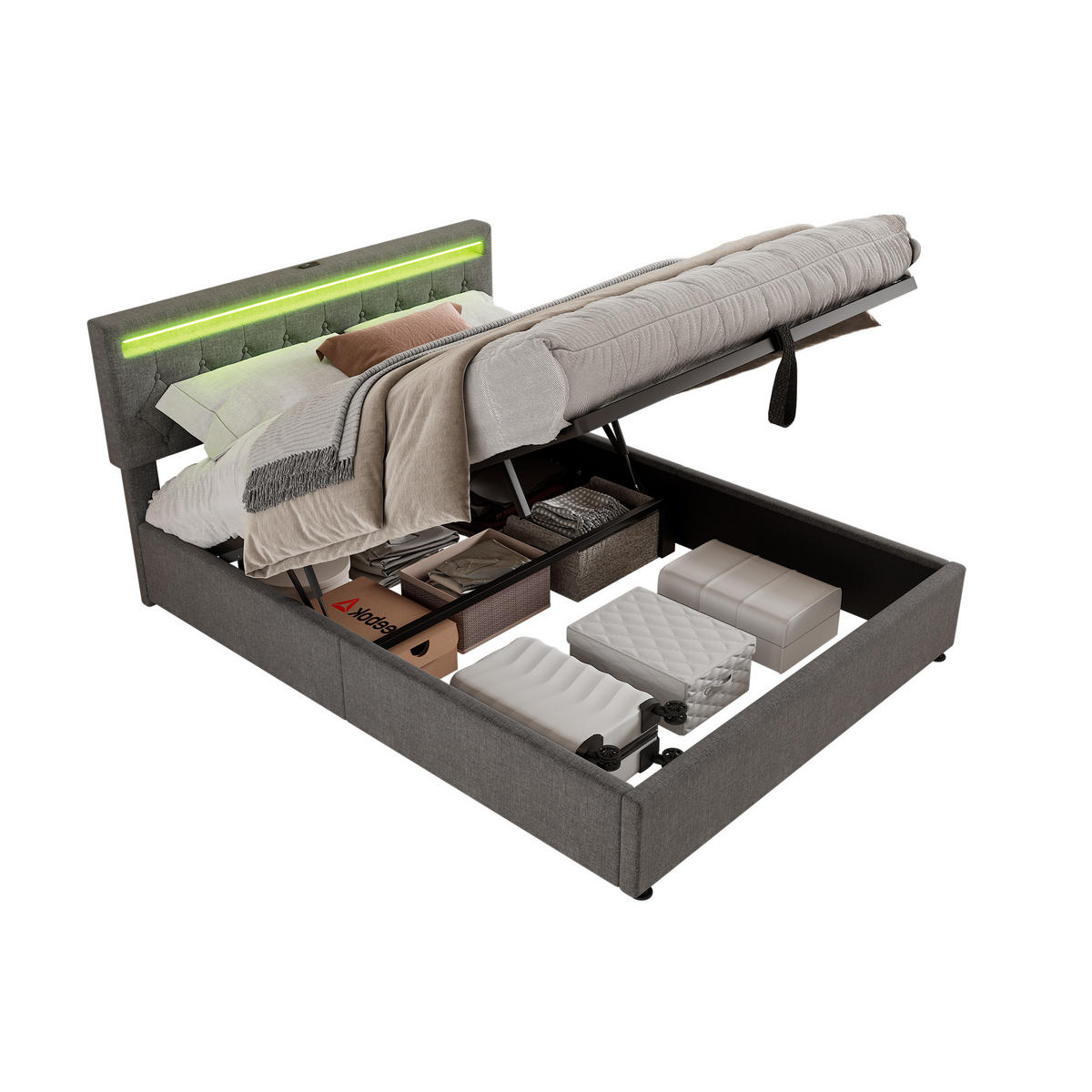 POLSTERBETT 160/200 cm Grau mit LED-Umgebungslicht und USB-Anschluss - Grau, Textil (160/200cm) - OKWISH