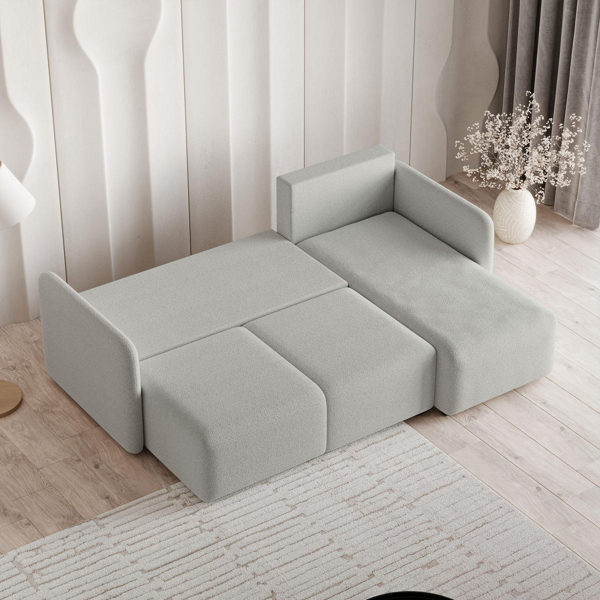 ECKSOFA SUVINO Hellgrau Boucle-Stoff mit Schlaffunktion - Hellgrau, Holz (230/143cm) - MASSENO