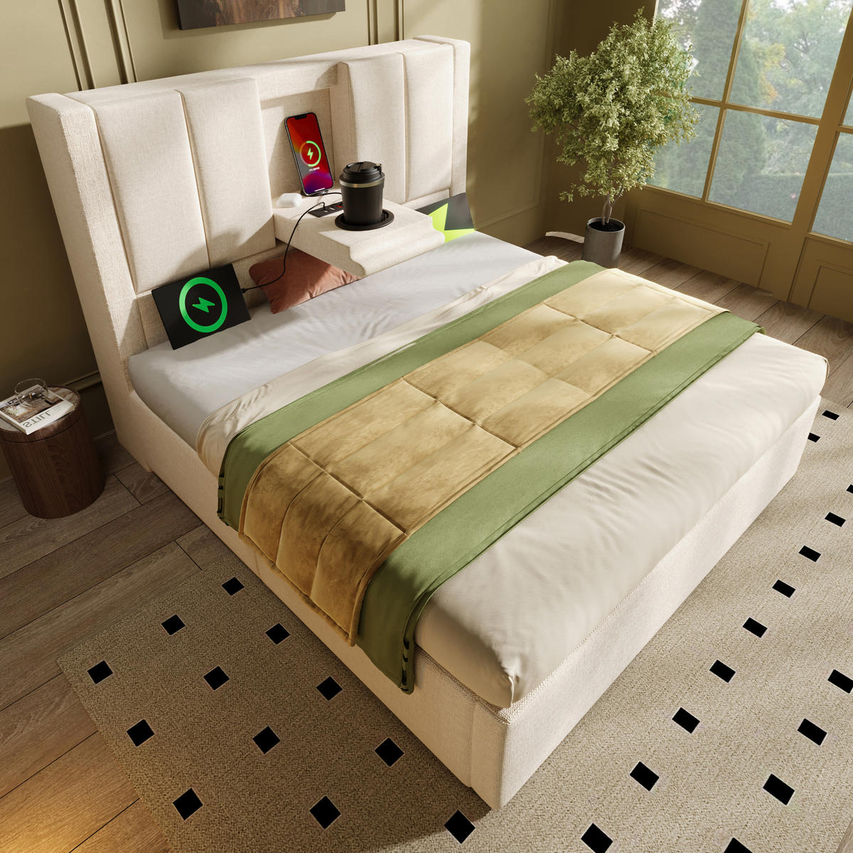 POLSTERBETT 90/200 cm aus Leinen mit Ladestation Becherhalter und Bettkasten Beige - Beige, Textil (90/200cm) - Modenvie