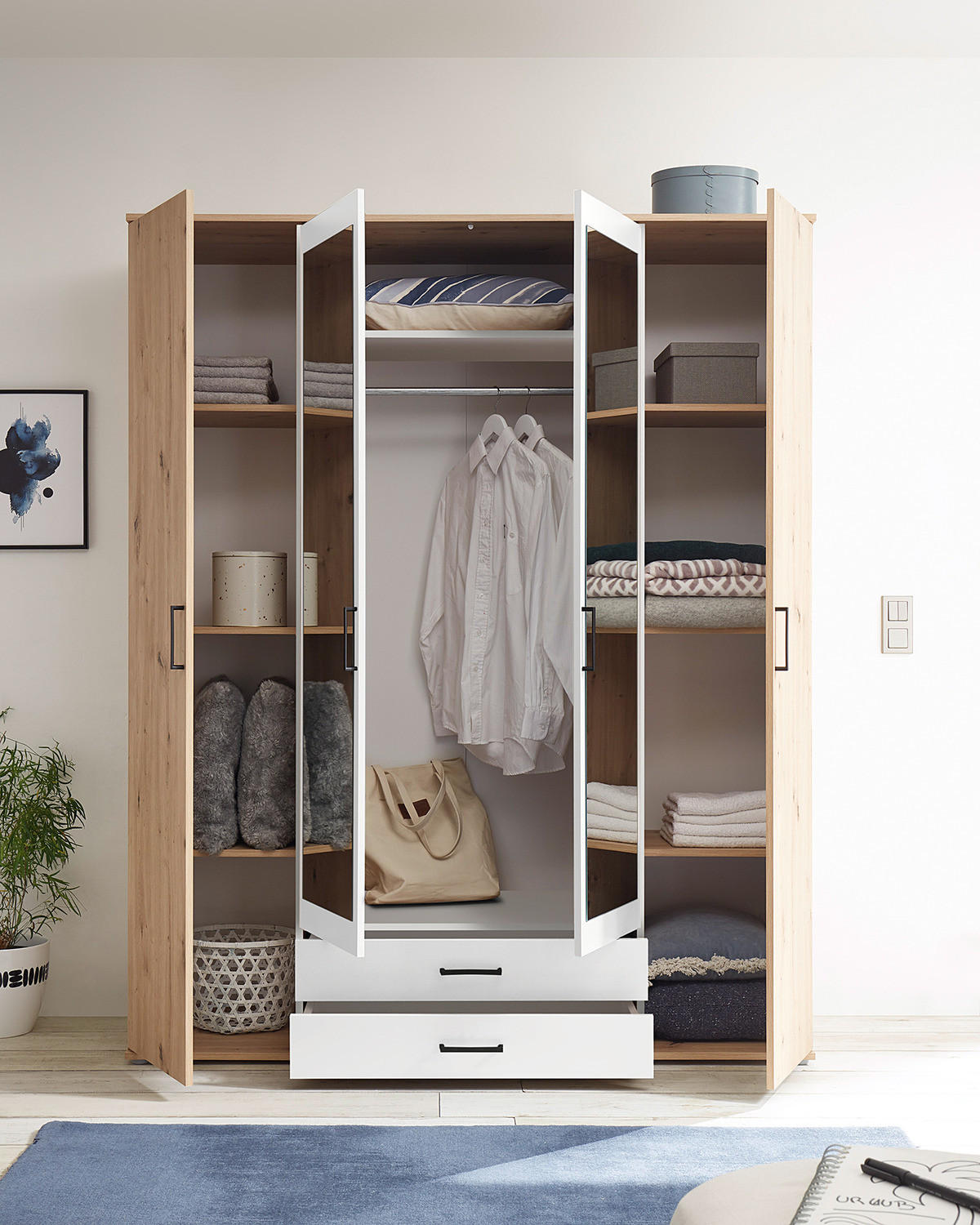 DREHTÜRENSCHRANK - Eiche Artisan Dekor / Weiß - Schwarz/Braun, Holzwerkstoff/Kunststoff (159/197/54cm) - home24