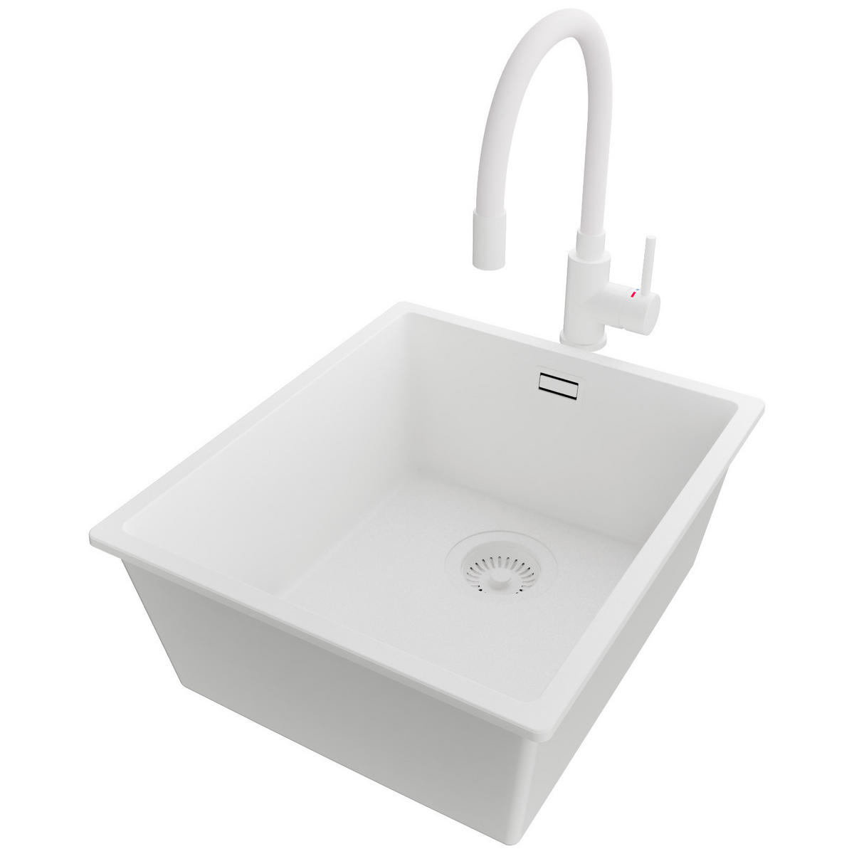 GRANITSPÜLE London Slim, 2-er set Alles Weiß 41/47 cm 1 Becken + Küchenarmatur 38/14 cm + Ablauf-Set ab 45er Unterschrank - Weiß, Kunststoff (41/20/47cm) - Primagran