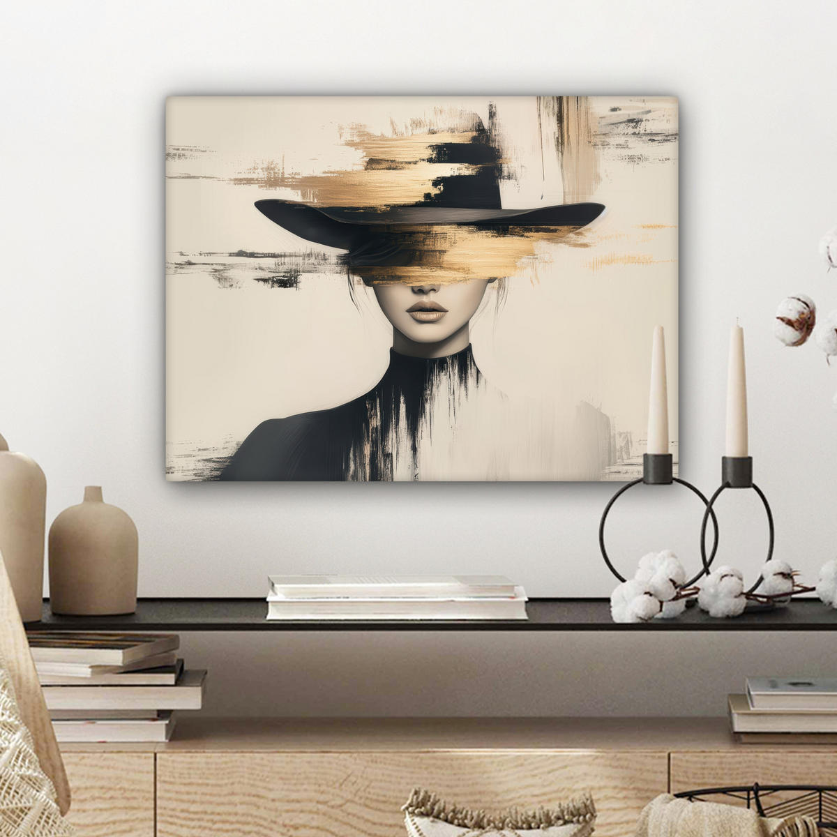 LEINWANDBILD Frau - Hut - Farbe Wandbild 40x30 cm - Goldfarben, Textil (40/30cm) - MuchoWow