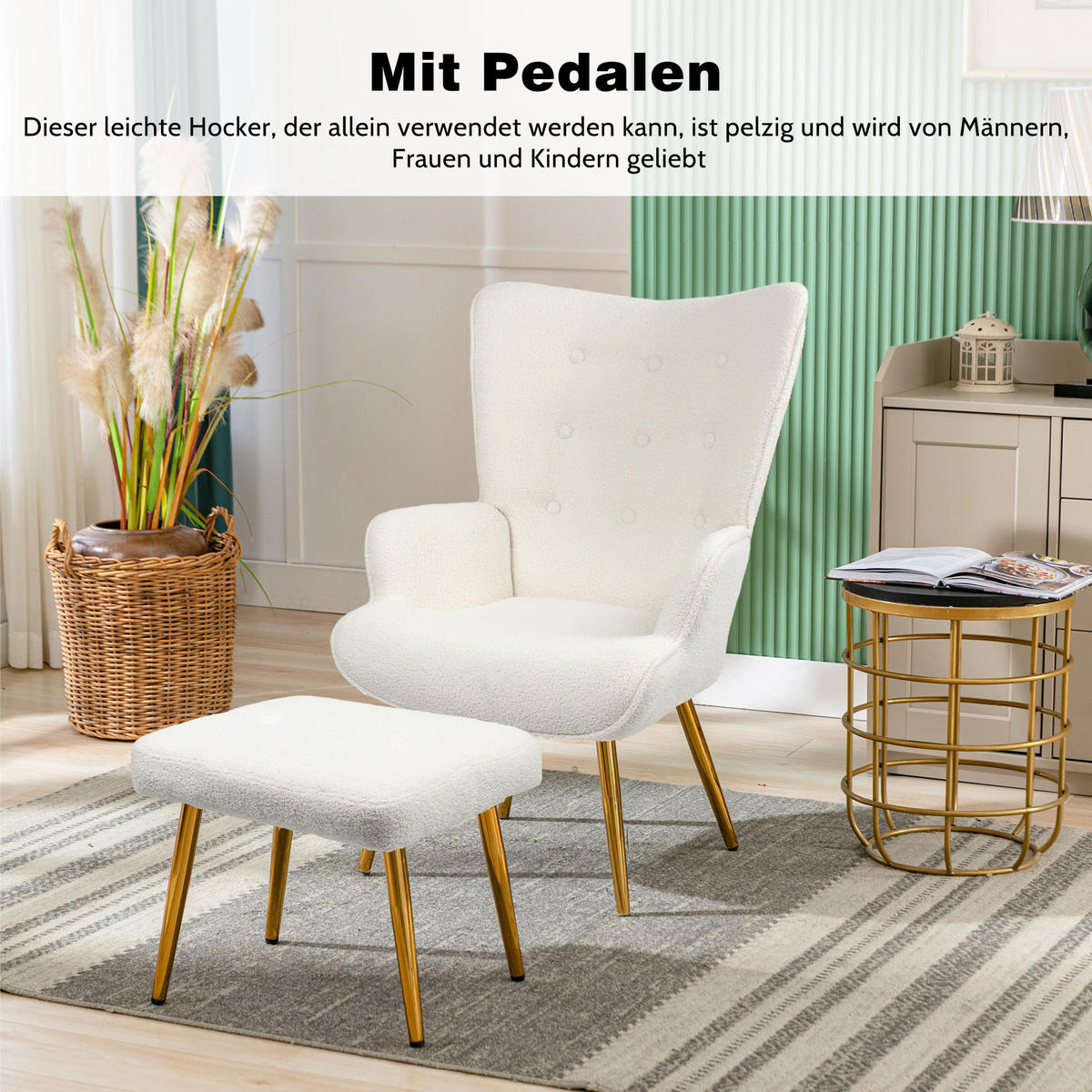 OHRENSESSEL mit Hocker - Weiß, Metall (47/99.5/68cm)