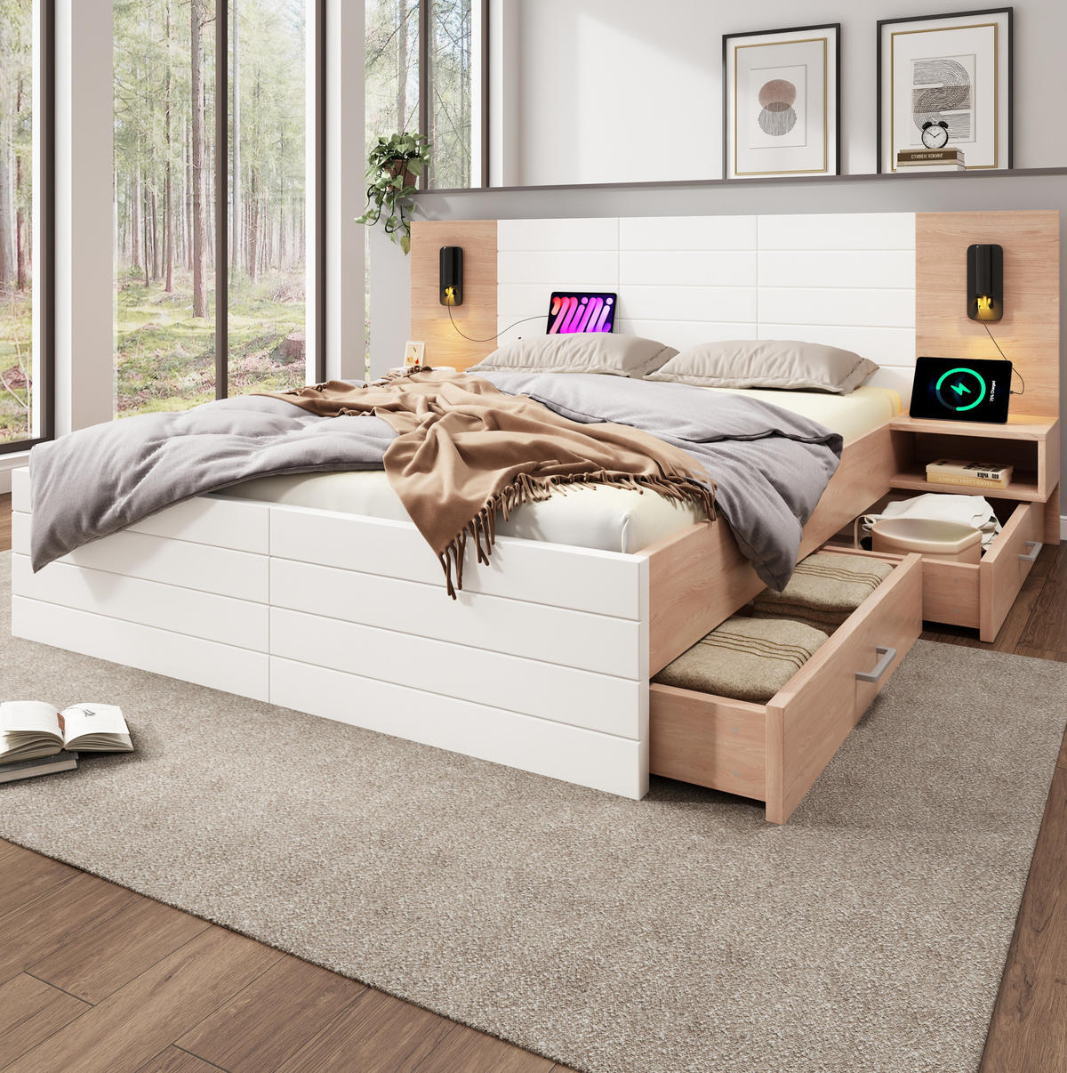 DOPPELBETT 180/200 cm Eiche und Weiß mit Leselicht und USB-Ladeanschluss - Weiß, Holzwerkstoff (180/200cm) - OKWISH