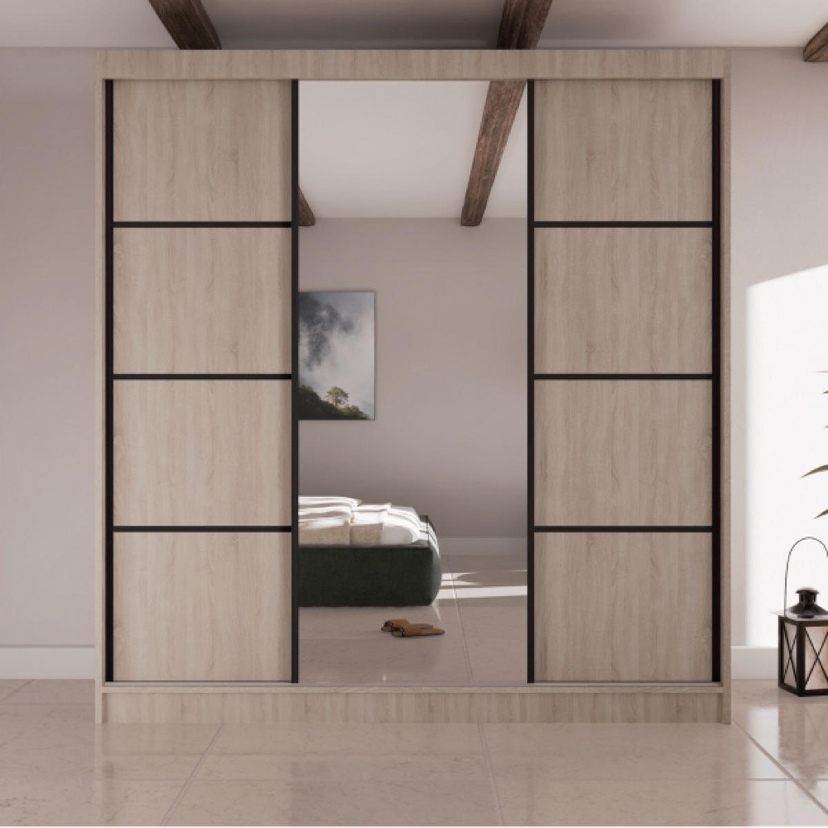 SCHRANK Sonoma Eiche V200 Schiebetür Mit Spiegel Und Schwarzen Sprossen - Braun, Holzwerkstoff (200/215/61cm) - Sepro Meble