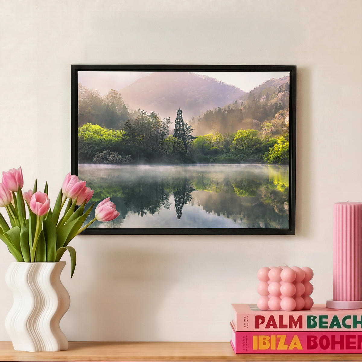 LEINWAND Bilder mit Rahmen - Natur - Bäume - Berge - See - Wasser - 40x30 - Hellgrün, Textil (40/30cm) - MuchoWow