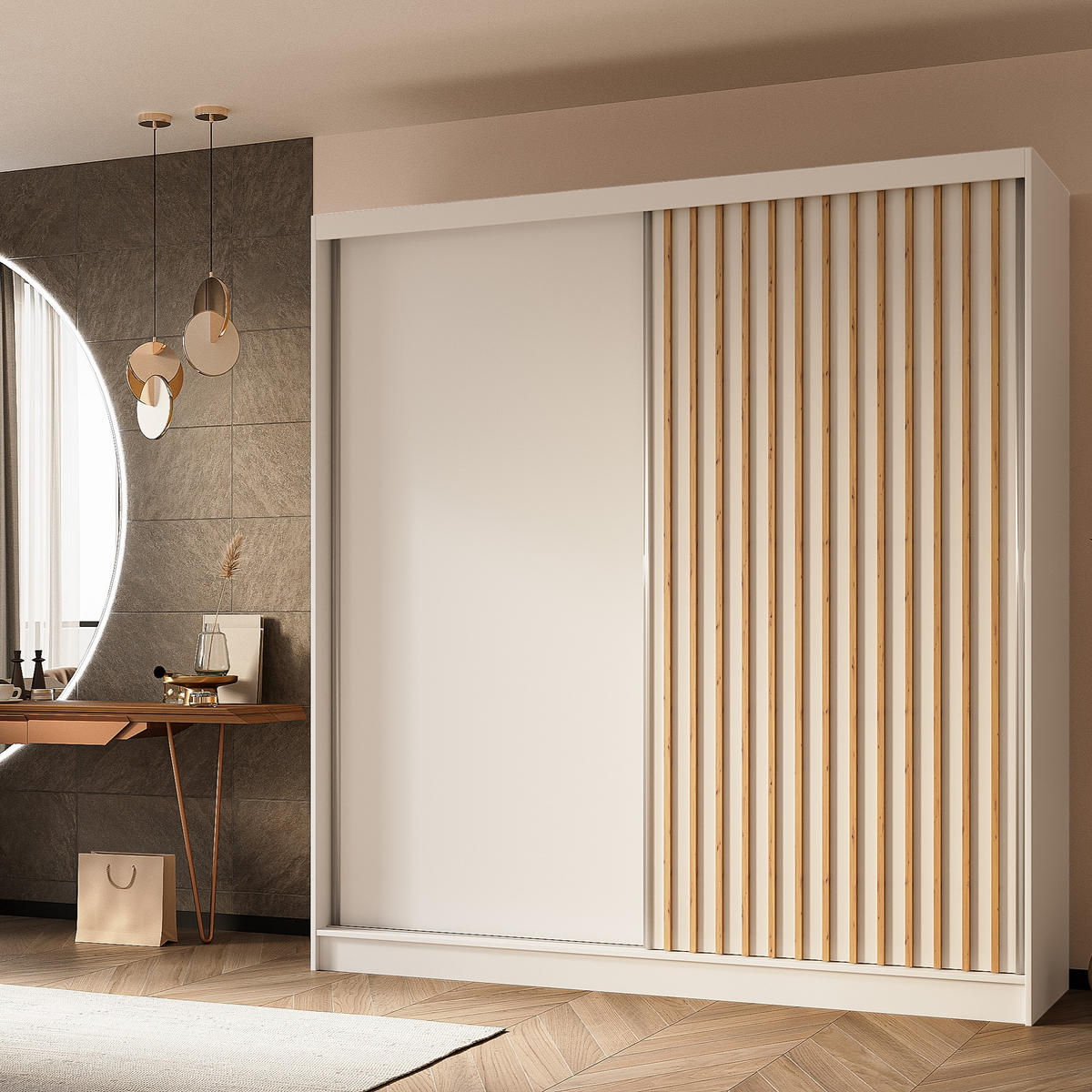 SCHWEBETÜRENSCHRANK LAMELLO 200/216/61 cm 2-türig Weiß - Weiß, Holzwerkstoff (200/216/61cm) - MASSENO