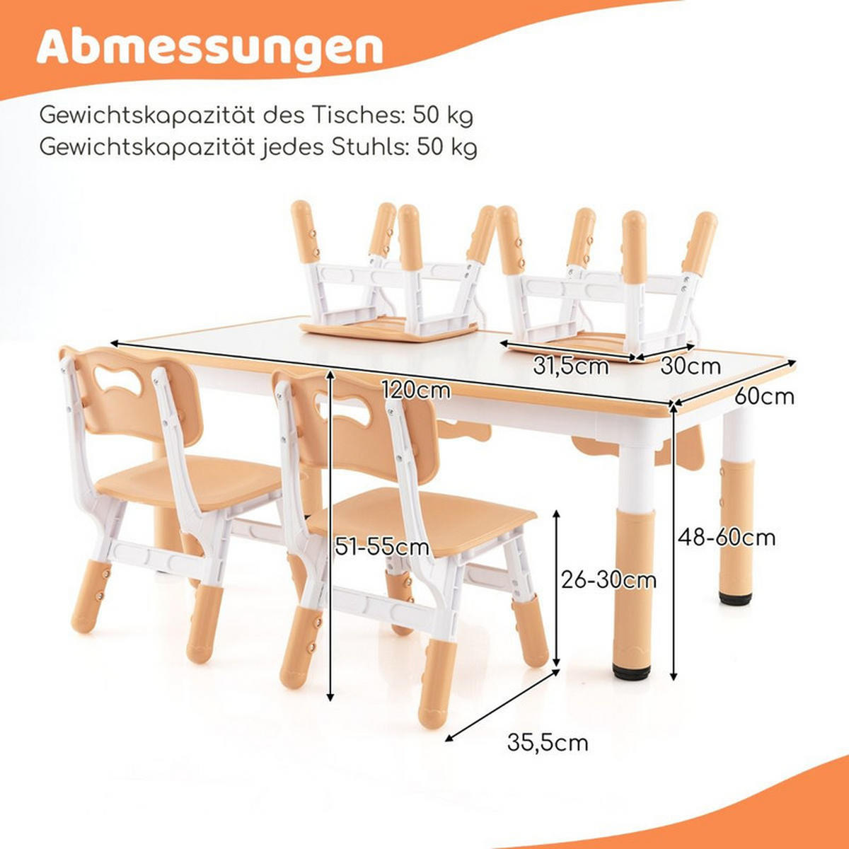 KINDERTISCH mit 4 Stühlen natur(5-tlg) - Naturfarben, Kunststoff (120/60/60cm) - COSTWAY