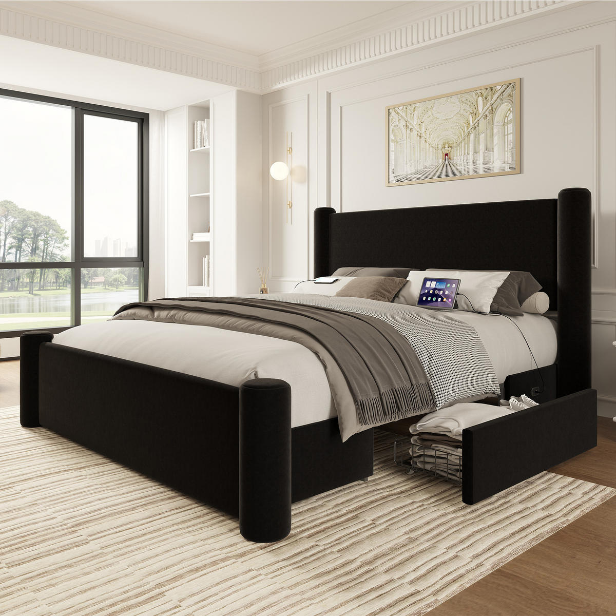 POLSTERBETT 140/200 cm Schwarz mit 2 Stauraumschubladen und USB-Ports - Schwarz, Textil (140/200cm) - OKWISH