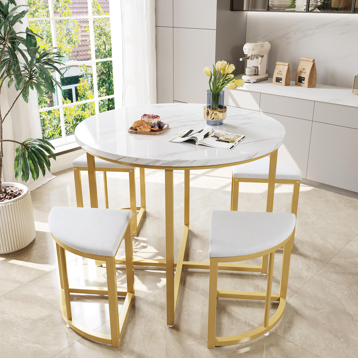 ESSTISCH mit 4 Stühlen Weiß - Weiß, Holzwerkstoff/Textil (80/80/75cm) - Urban Meuble