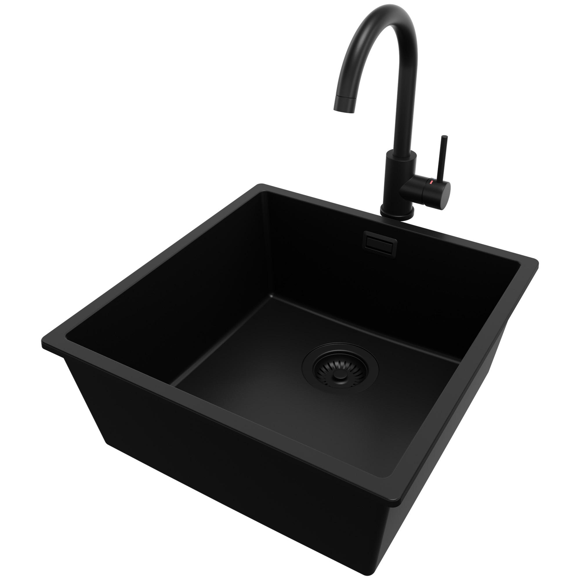 GRANITSPÜLE London Slim, 2-er set Alles Schwarz 46/47 cm 1 Becken + Küchenarmatur 32/20 cm + Ablauf-Set ab 50er Unterschrank - Schwarz, Kunststoff (46/20/47cm) - Primagran