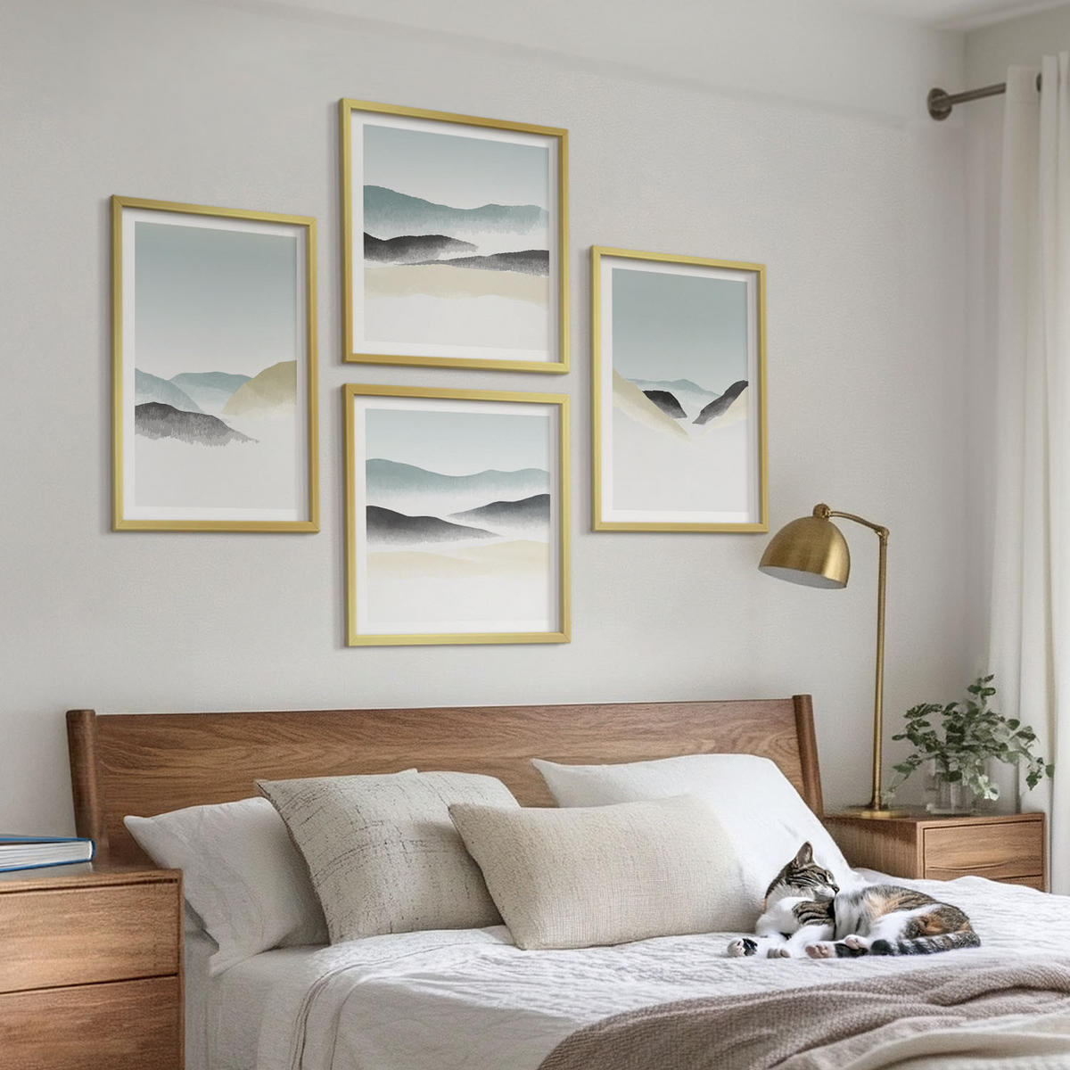 WANDBILDER 4er Set - 50x50 cm & 40x60 cm Goldrahmen - Berge minimalistische Pastellfarben - Goldfarben, Kunststoff (50/50cm) - ArtPrintCave