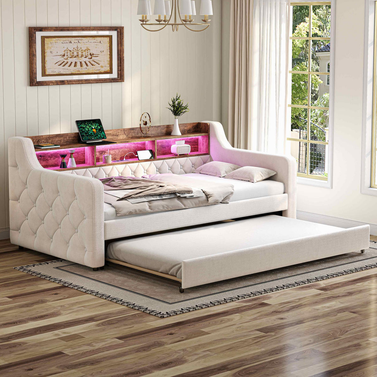 SCHLAFSOFA 90x190cm Ausziehsofa,zwei Liegeflächen,Samt,Beige - Beige, Textil (201/75/107cm) - LVHOM