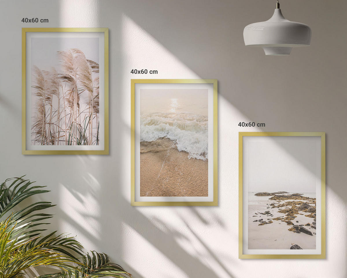 WANDBILDER 3er Set - 40x60 cm Goldrahmen - Strandgras, Wellen, Steine, Boho-Stil - Goldfarben, Kunststoff (40/60cm) - ArtPrintCave