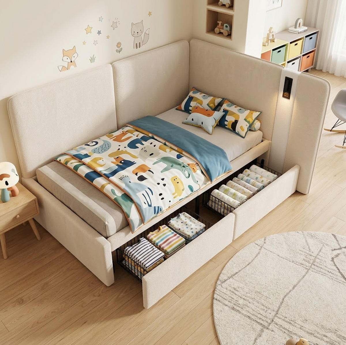KINDERBETT Polsterbett 90/200 cm aus Samt mit USB-/Typ-C-Anschluss, Leselampe und 2 Schubladen Beige - Beige, Textil (90/200cm) - Modenvie