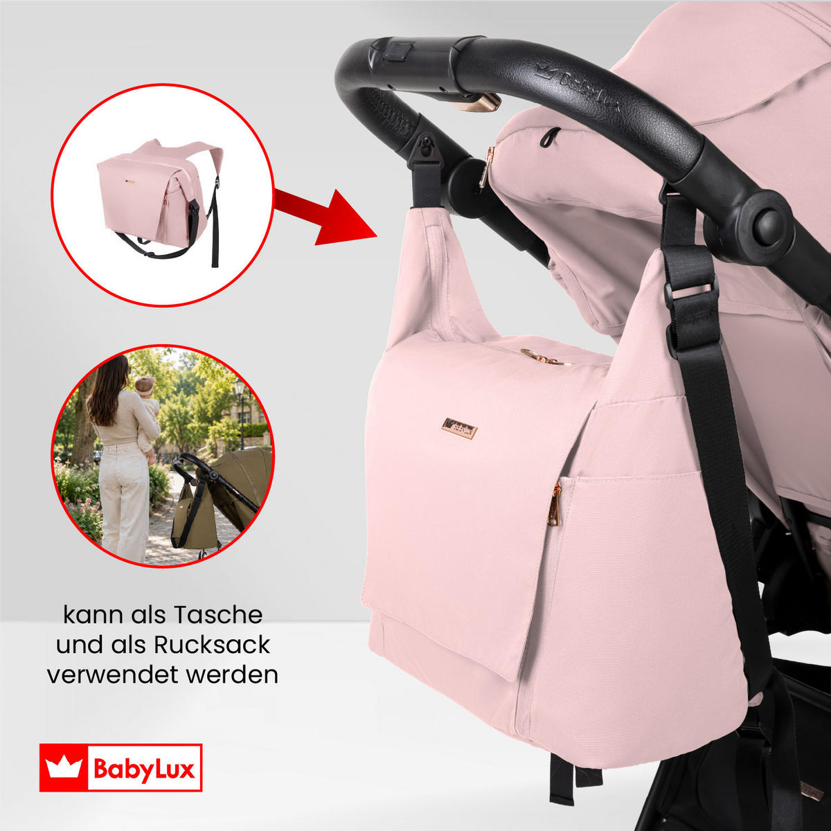 BUGGY Rombo, Klein und Leicht, Teleskopische Führung, Kompakt Faltbar, Wickeltasche, Reisetasche - Schwarz/Rosa, Textil/Metall (58/98cm) - BabyLux
