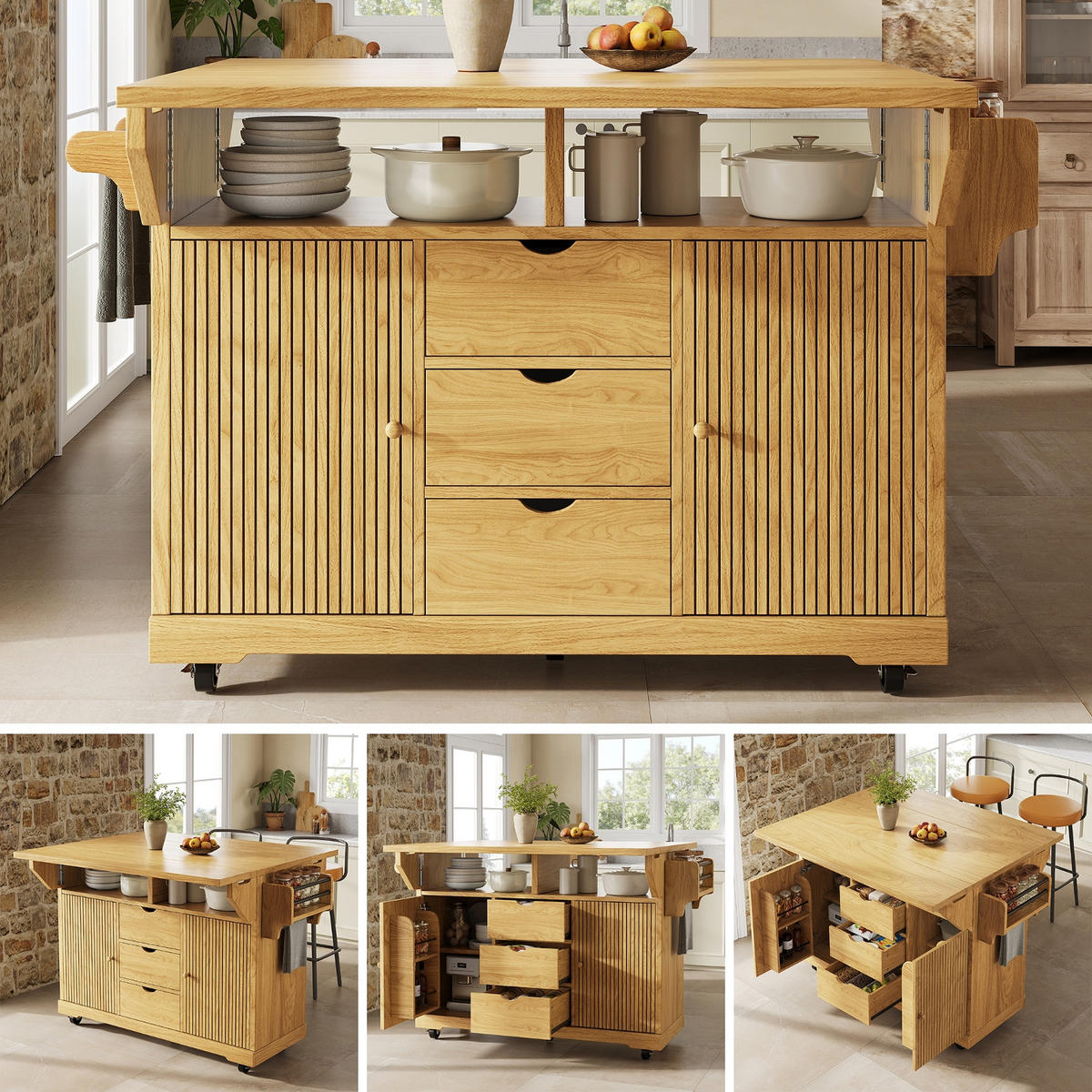 KÜCHENINSEL, AUSKLAPPBARE TISCHVERLÄNGERUNGEN, MDF Naturbraun, Küche, 142,5/80/95 cm - Braun, Holzwerkstoff (80/95/142.5cm) - Rolipo