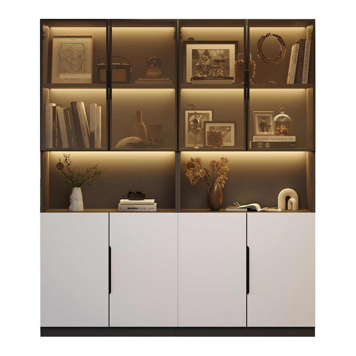 VITRINE 160/30/200 cm in Weiß mit Glastüren und LED-Beleuchtung - Weiß, Holzwerkstoff (30/200/160cm) - Flora Grace