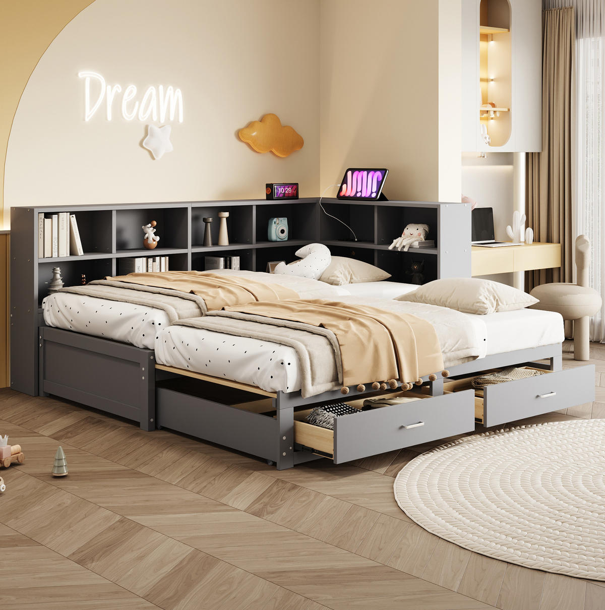 BETT 90/180/190 cm grau aus Holz mit Stauraum - Grau, Holzwerkstoff (90/190cm) - OKMYHOME