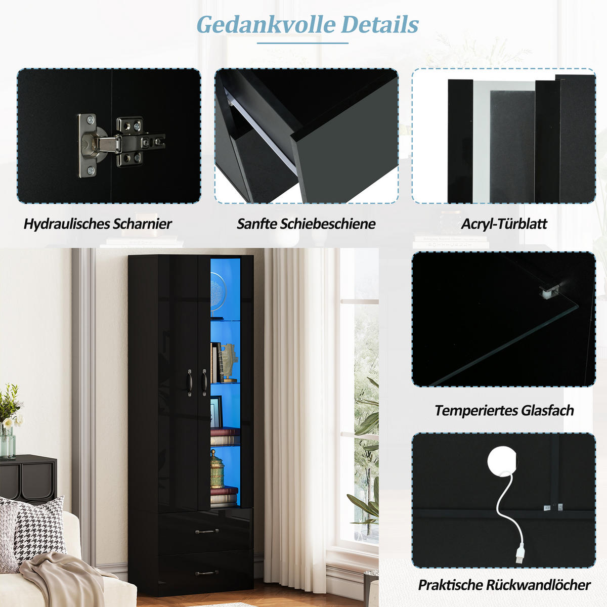 VITRINE LED 2 Türen Standvitrine Glas Schwarz - Schwarz, Holzwerkstoff (59.5/182/35cm) - FLIEKS