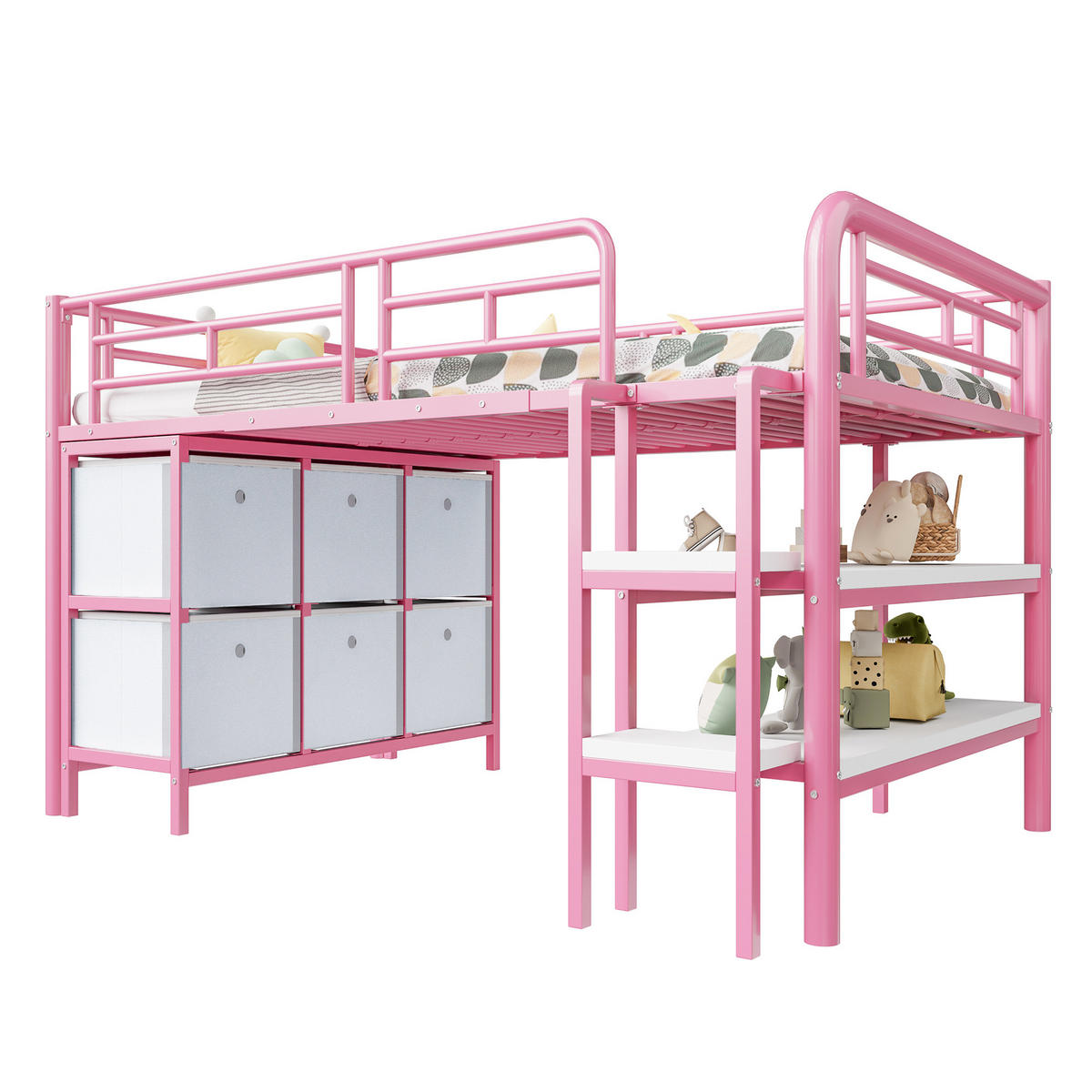 HOCHBETT 90/200 cm in Rosa mit Schubladen, Regalen und breiter Treppe - Rosa, Holzwerkstoff/Metall (90/200cm) - CHICFURN