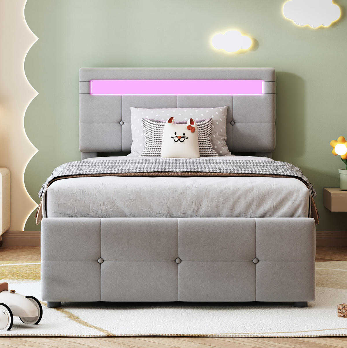 POLSTERBETT 90/200 cm Grau mit LED-Beleuchtung und Stauraum - Grau, Textil (90/200cm) - Flora Grace