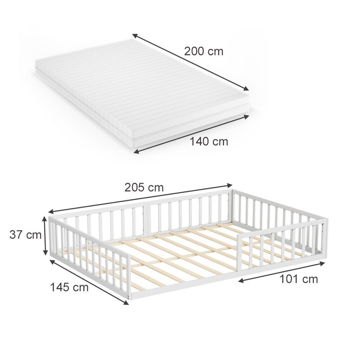 BODENBETT AUS METALL Minno Weiß 140x200 mit Matratze - Weiß, Metall - VitaliSpa