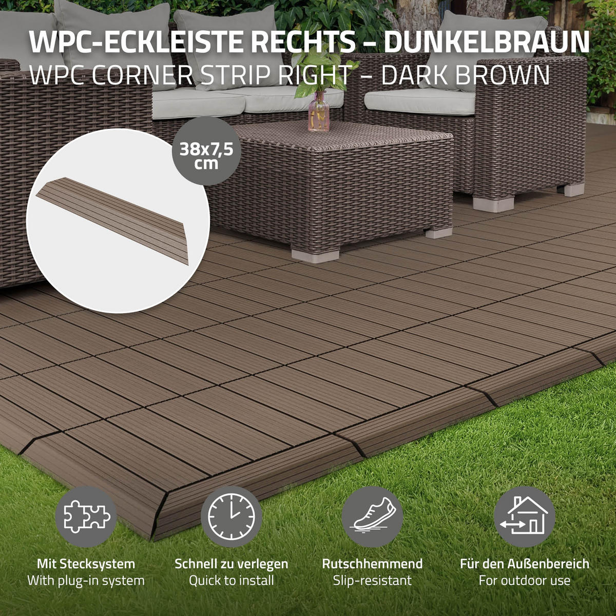 ZÁVĚROVÁ LIŠTA WPC pravý roh tmavě hnědá - tmavě hnědá, kompozitní dřevo (38/2/7.5cm) - ML-DESIGN