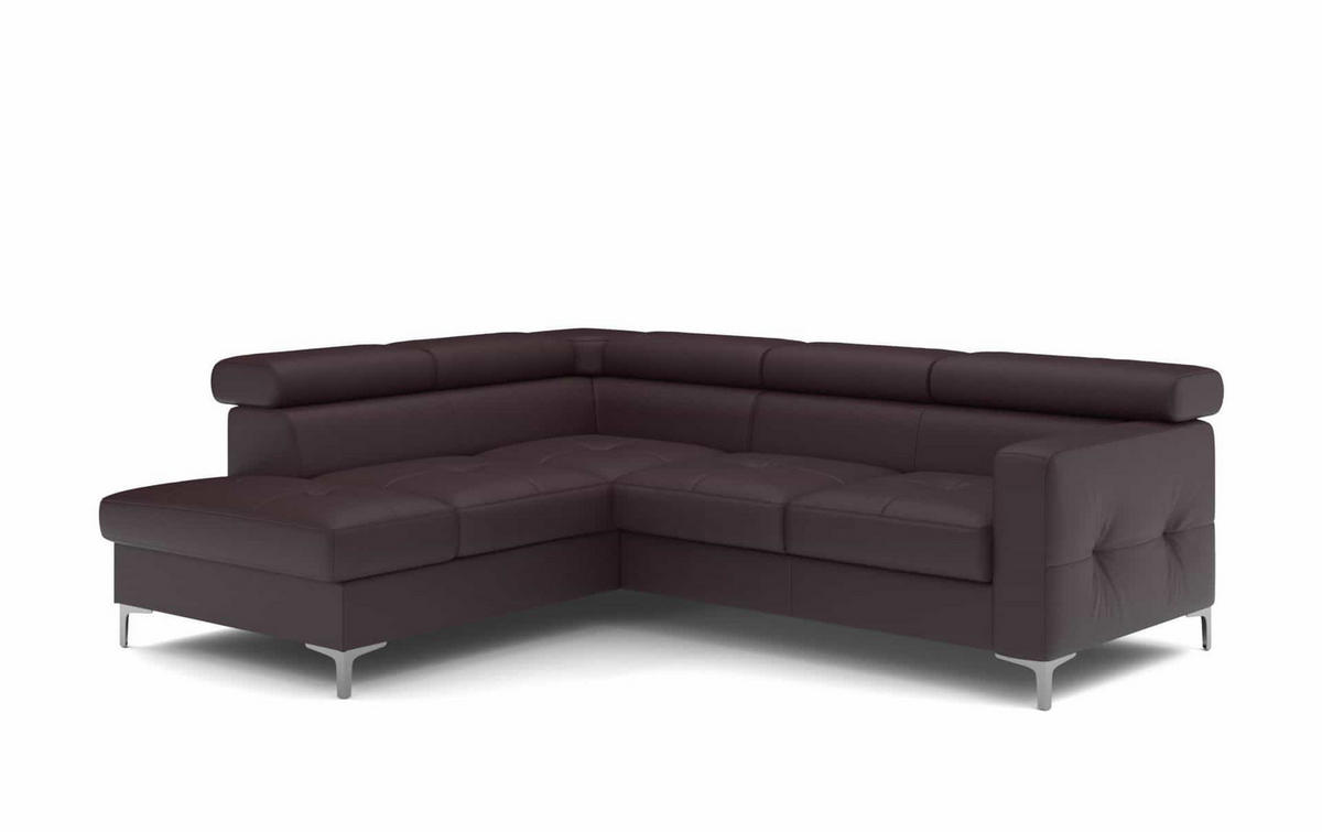 ECKSCHLAFSOFA aus Echtleder mit Schlaffunktion und Bettkasten - Chromfarben/Dunkelbraun, Leder/Holz (242/207cm) - Cotta