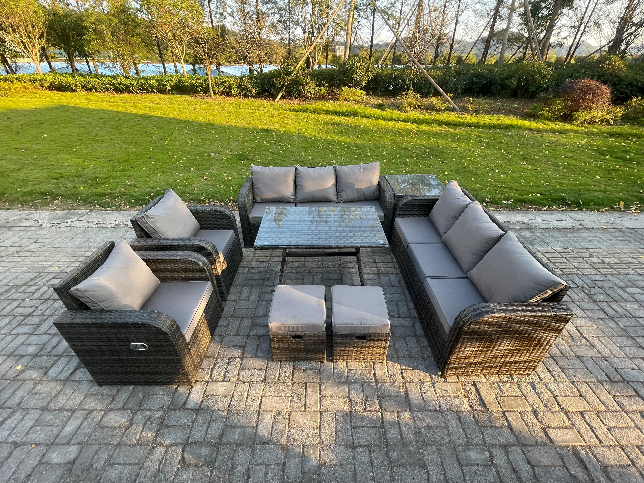 GARTENSET Hohe Rückenlehne Polyrattan 10-Sitzer - Dunkelgrau/Grau, Glas/Kunststoff - Fimous