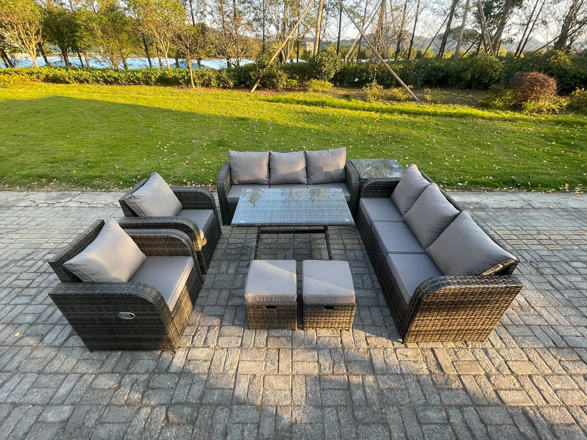 GARTENSET Hohe Rückenlehne Polyrattan 10-Sitzer - Dunkelgrau/Grau, Glas/Kunststoff - Fimous