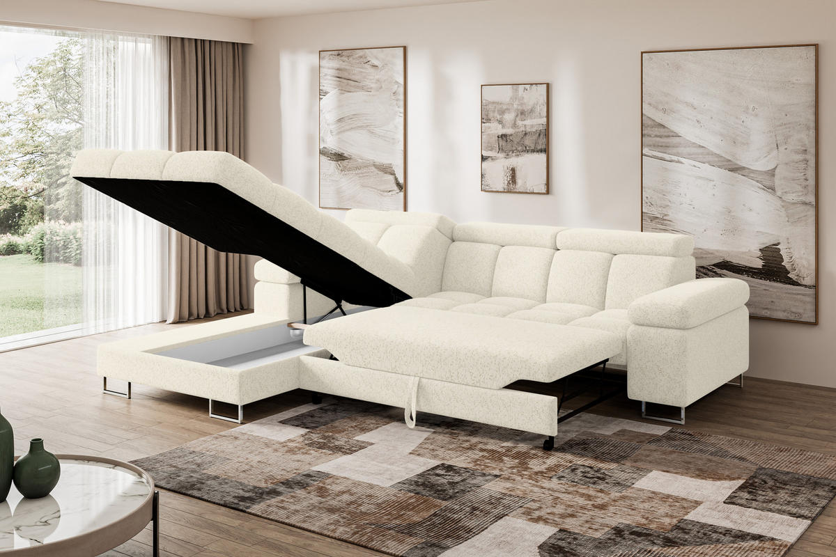 ECKSOFA mit Schlaffunktion Ottomane Links COMA L 271x203x79 Creme Tissu - Creme, Holzwerkstoff/Textil (271/203cm) - ALTDECOR