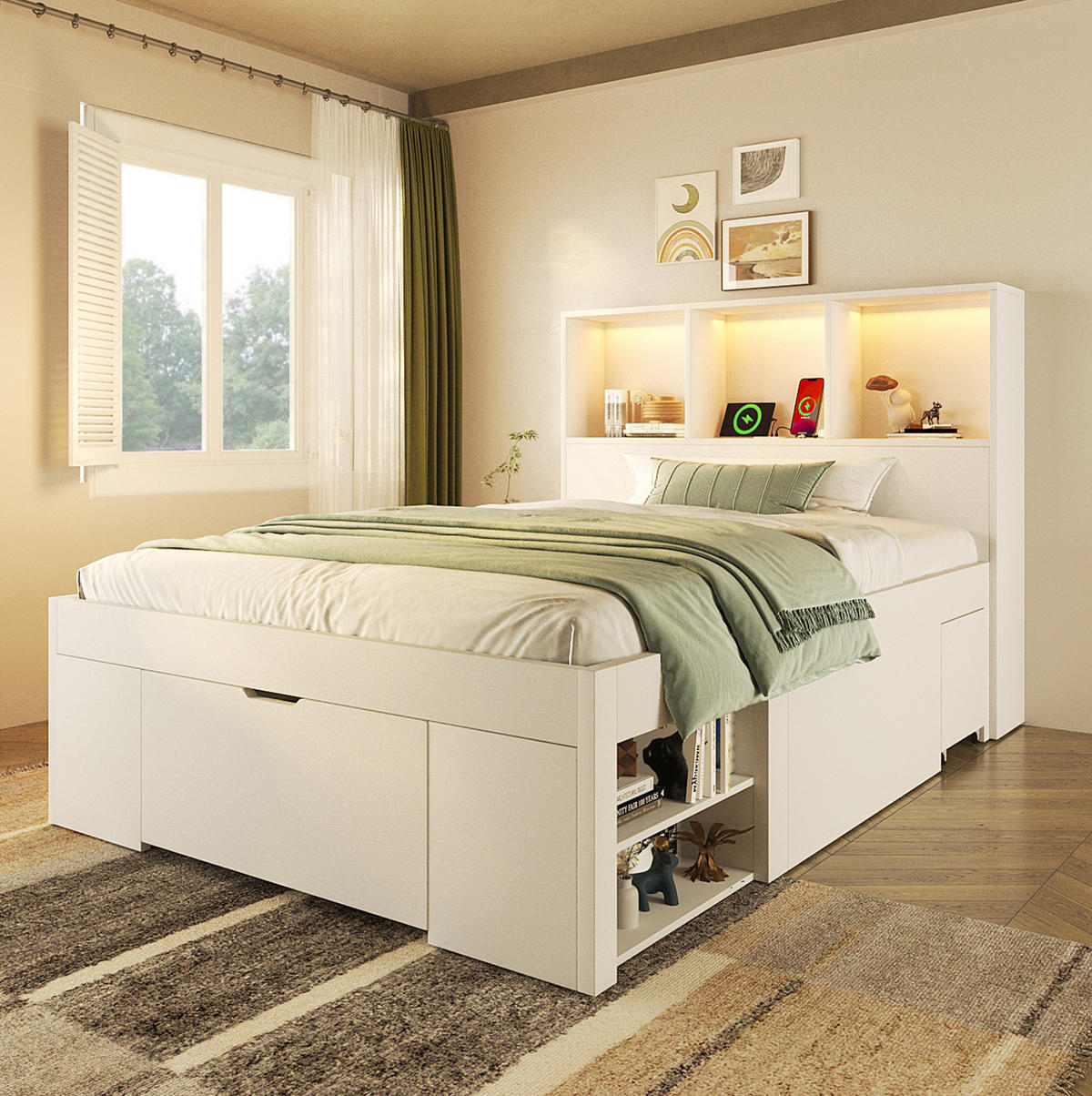 BETT 90/200 cm in Weiß mit Kopfteil, Stauraum, LED und inkl. Matratze - Weiß, Holzwerkstoff (90/200cm) - BEAOK