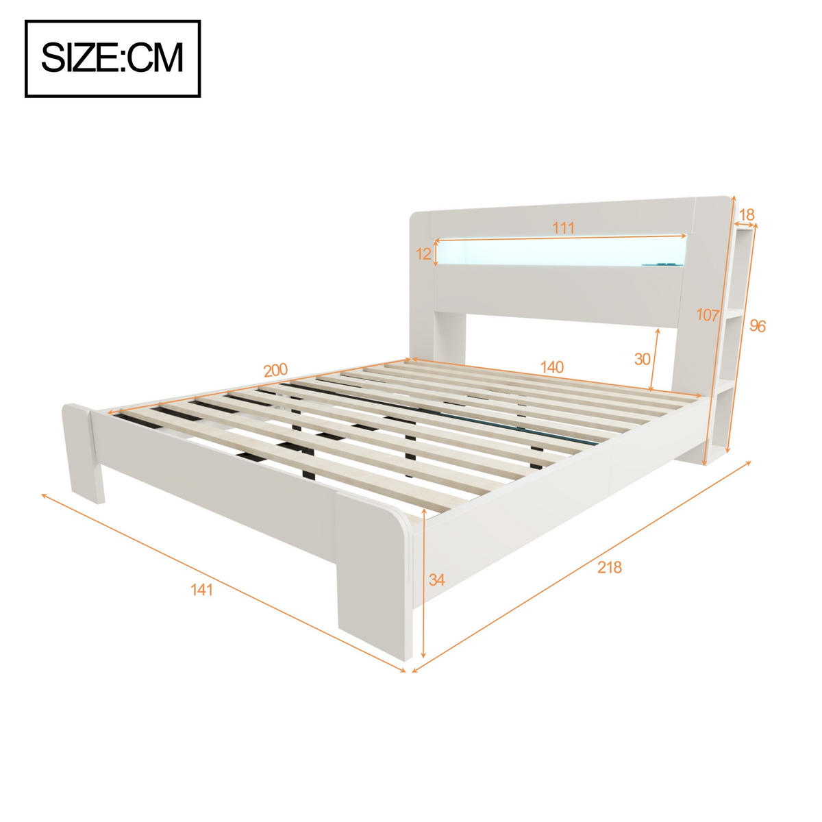 POLSTERBETT 140/200 cm Weiß mit LED-Beleuchtung und integrierte Steckdosen - Weiß, Holz (140/200cm) - Oxeza