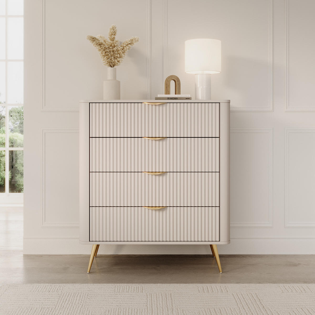 KOMMODE Flore 88 cm Beige / Gold - mit 4 geriffelten Schubladen - Beige/Gelb, Holz/Holzwerkstoff (88/101/38cm) - Ravio