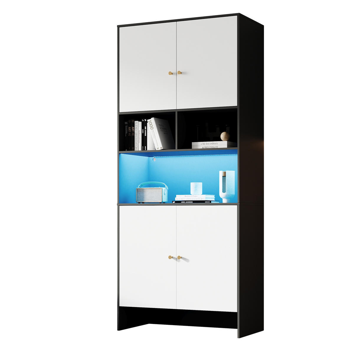 SIDEBOARD 80/40/185 cm mit 4 Türen & 3 offenen Fächern in Weiß/Schwarz - Weiß, Holzwerkstoff (80/185/40cm) - BEAOK